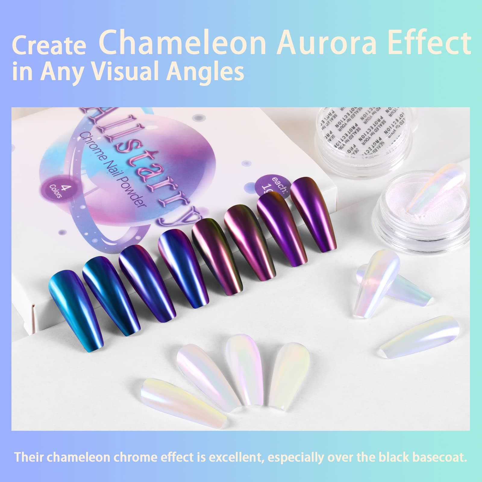 Allstarry White Chrome Nail Powder, 4 Pieces Colour Shift Chameleon Mica Powder Pearlescent Pearl Pigment Aurora Chrome Effect Glitter Dust Iridescent for Gel Polish Nail Art Decoration, Resin Craft