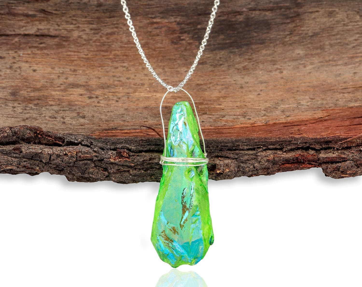 Natural Raw Angel Aura Quartz Gemstone Crystal Handmade Wire Wrap Pendant 925 Sterling Silver Necklace For Women April Birthstone Jewelry Gift For Mom Her