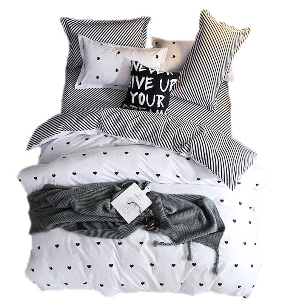 3pcs Cartoon Black Grey Striped Bedding Boys Girls Reversible Hidden Zipper Hearts Duvet Cover Queen (No Comforter)