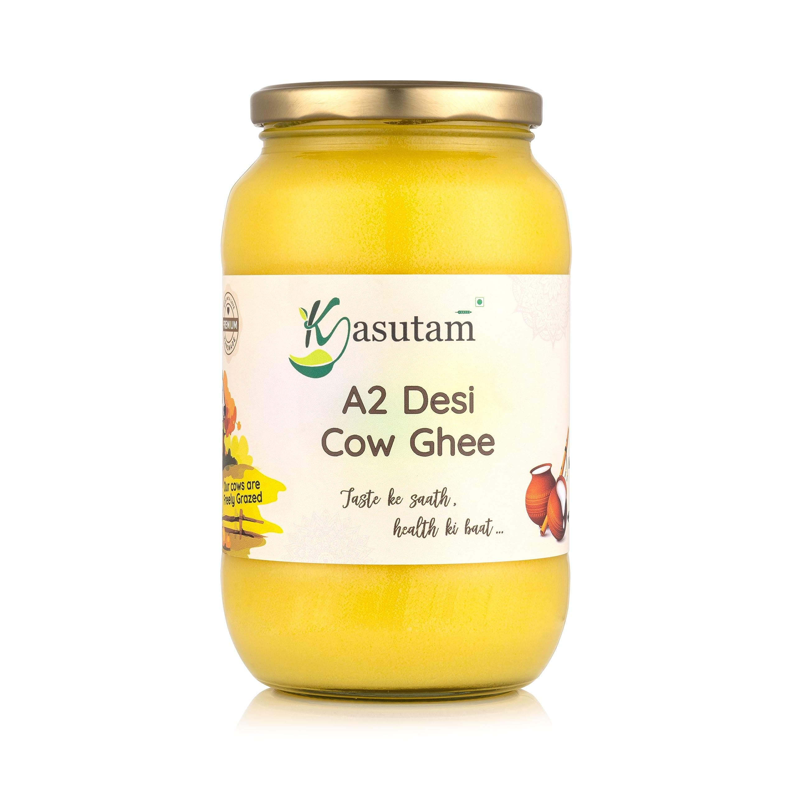 Kasutam A2 Desi Cow Bilona Ghee | Made By Traditional Vedic Bilona Method | Made In Earthen Pot & Hand Churned | Free Grazing Grass Fed Cow Ghee | Immunity Booster | Glass Jar- 1000 Ml
