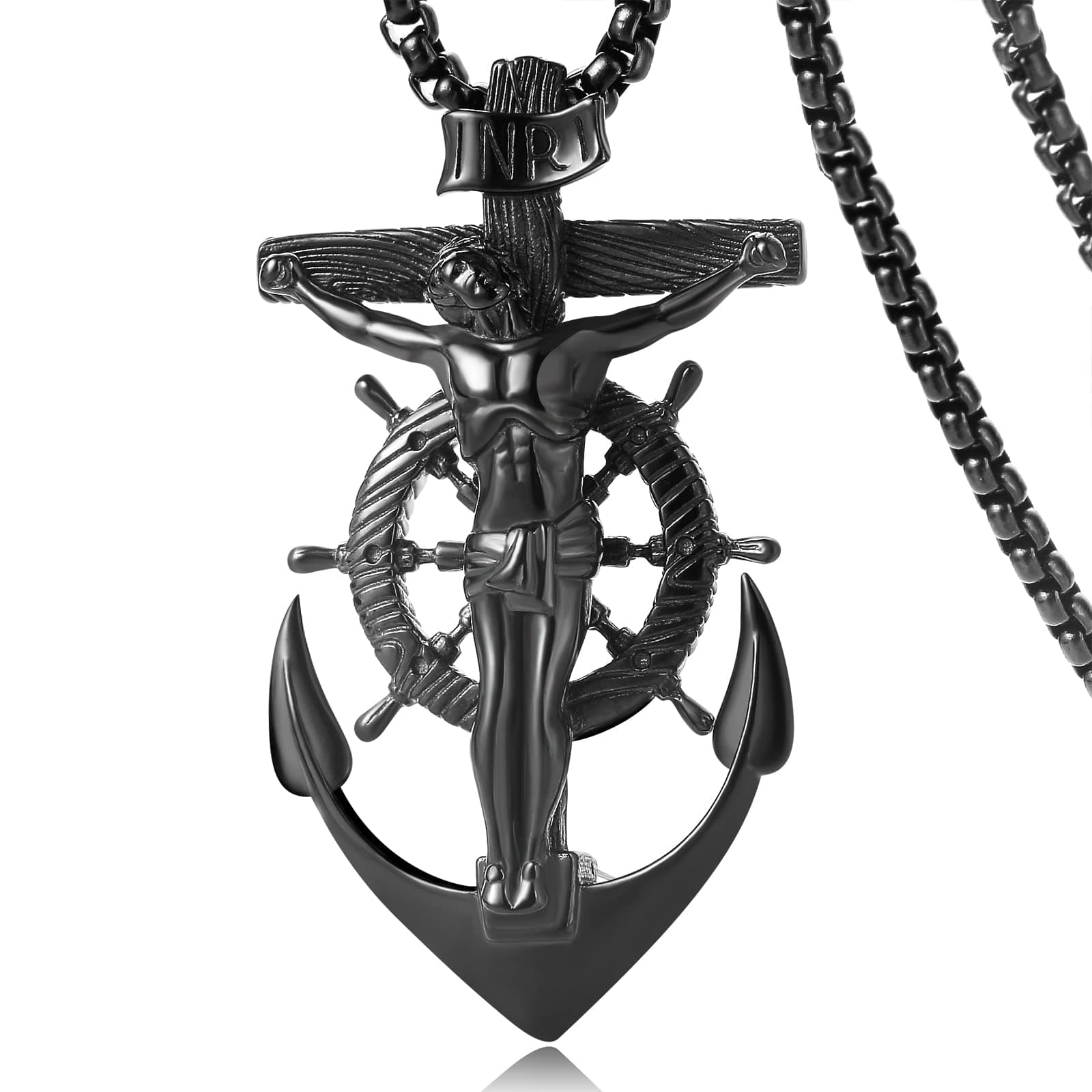 YAMIYAMI Cross Necklace for Men, Titanium Steel Crucifix Jesus Boat Rudder Anchor Sailor Mens Holy Pendant with 24 Inches Chain for Boys, Faith Marine Jewelry Gifts, Black
