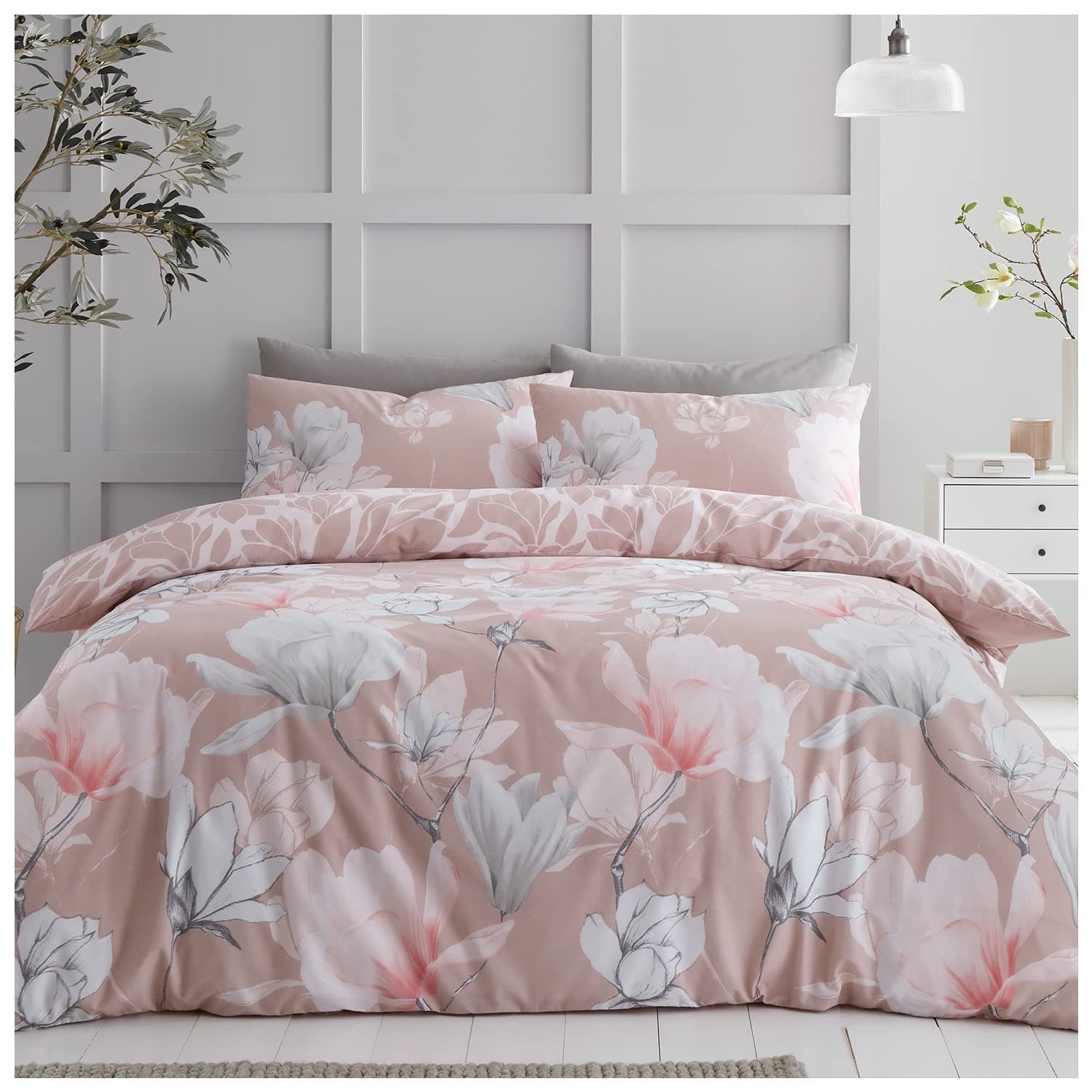 GC GAVENO CAVAILIALuxury Magnolia Duvet Cover, Dramatic Botanical Bedding Set, Reversible Quilt Cover Set With Matching Pillowcases, King Size, Blush Pink, 3 Pieces