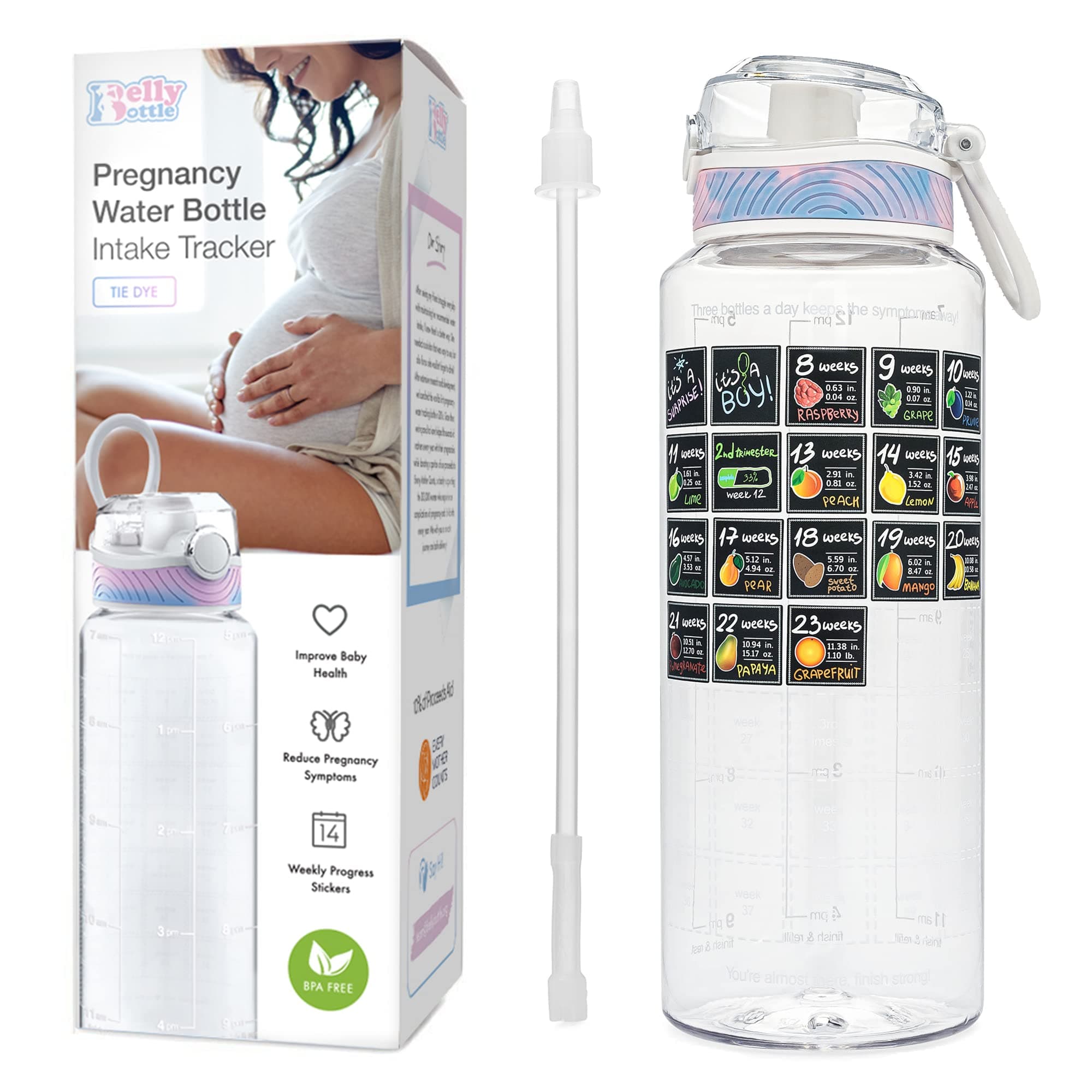 BellyBottle Pregnancy Water Bottle Tracker - Early Pregnancy Essentials - Great Gift for Pregnant Mom - Nausea Relief - Weekly Stickers, Straws, BPA Free