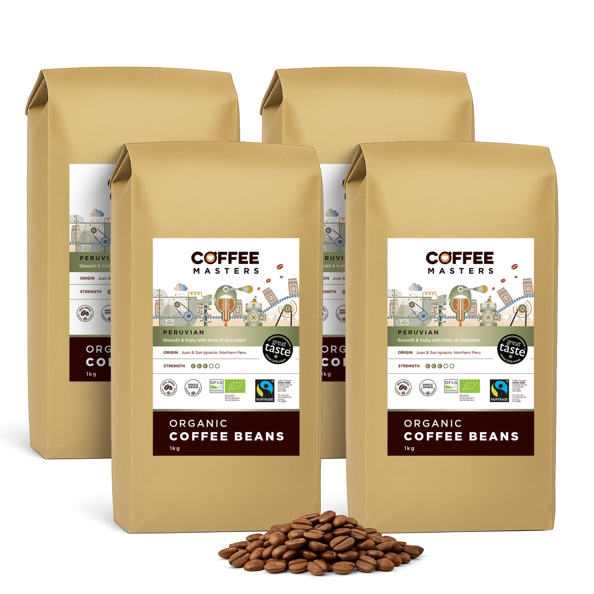 Coffee Masters Peruvian Coffee Beans 4x1kg - Organic Fairtrade Single Origin Arabica, Roasted in the UK - Ideal for Espresso Machines - Great Taste Award Winner