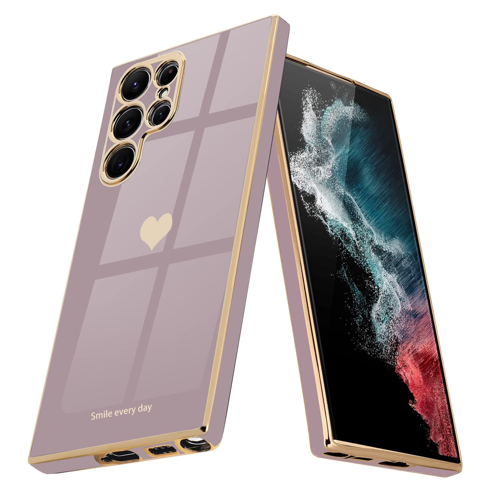 for Samsung S22 Ultra Case Cute Heart Pattern for Women Girls Slim Luxury Bling Plating Soft TPU Anti-Scratch Shockproof Bumper Phone Case for Samsung Galaxy S22 Ultra 5G, Lavender