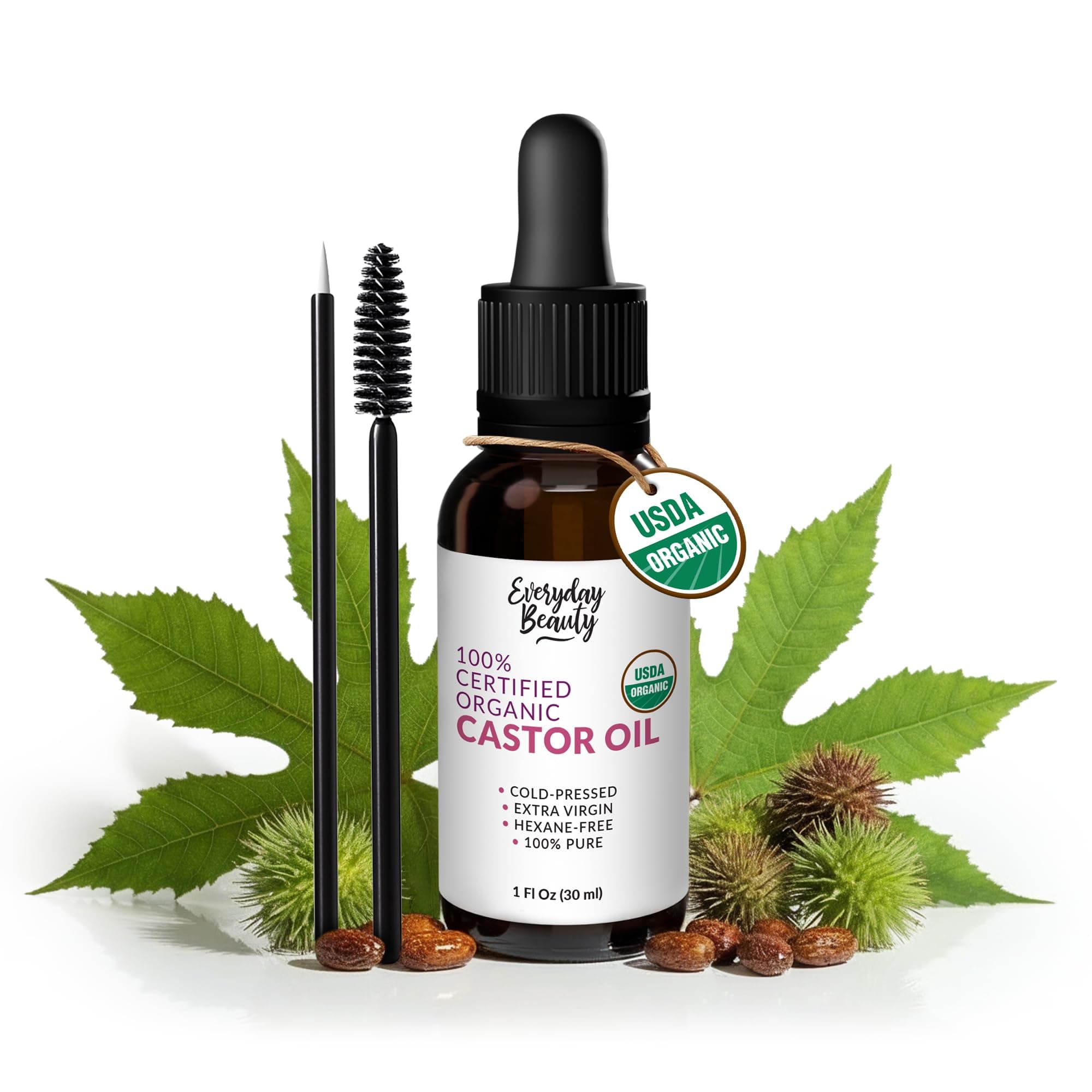 Organic Castor Oil - 100% Pure Certified USDA Organic, Cold Pressed & Hexane-Free, For Eyelashes, Eyebrows, Hair, Skin & Wellness Packs -1oz Glass Bottle & Dropper