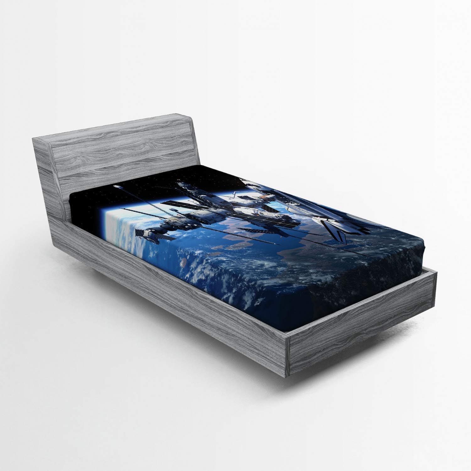 Ambesonne Outer Space Fitted Sheet, Space Shuttle and Station View Cosmonaut Adventure on Myst Globe Orbit Off, Soft Decorative Fabric Bedding All-Round Elastic Pocket, Twin Size, Grey