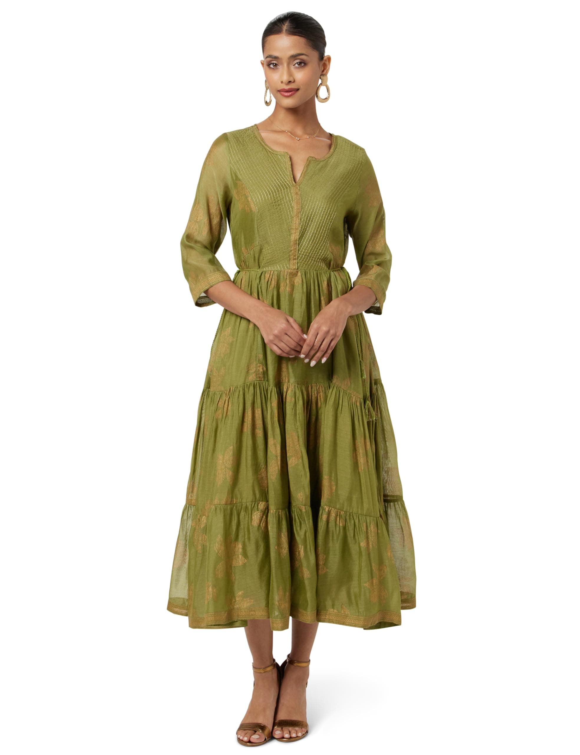 BIBA Women Maxi Cotton Blend Tiered Printed Dress