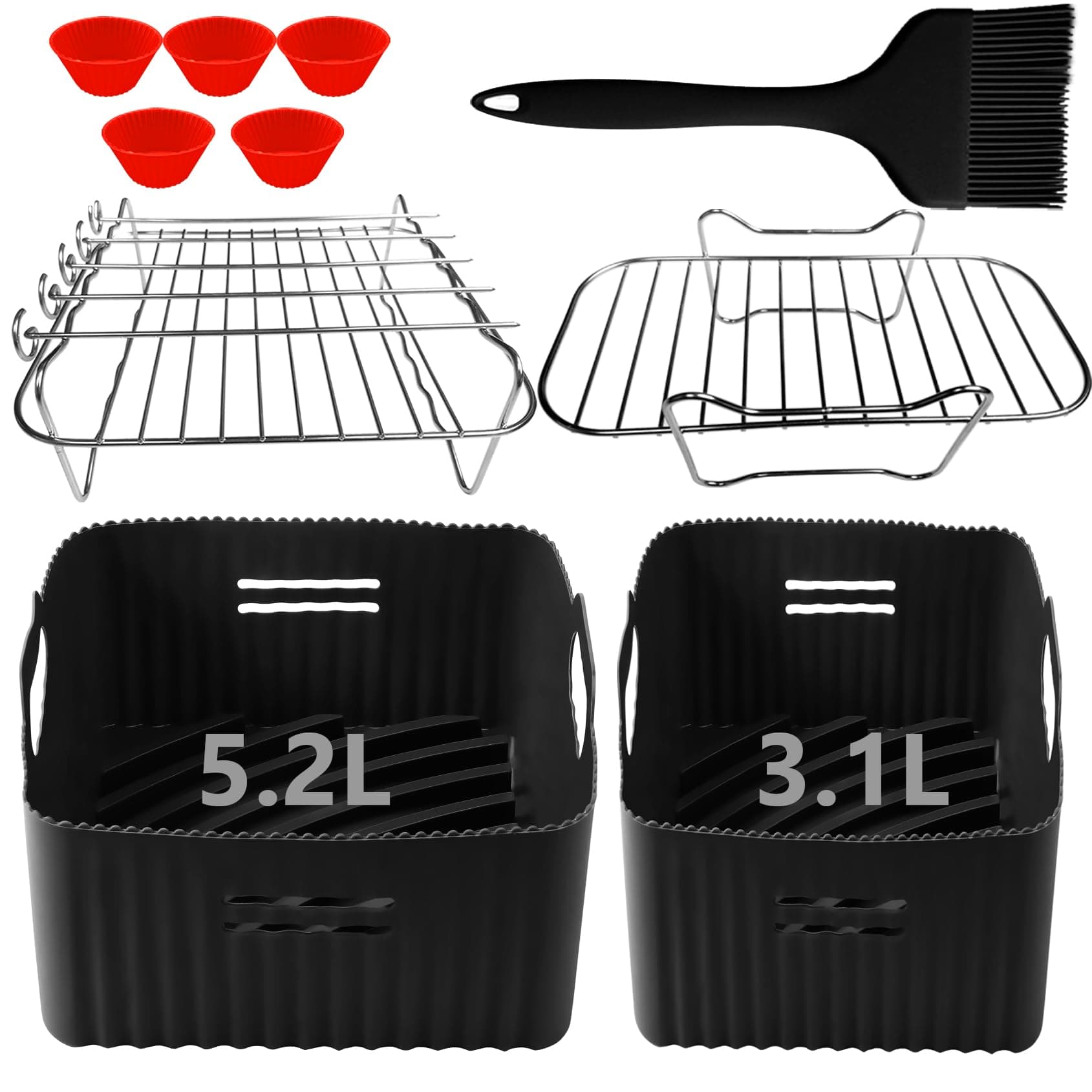 Dual Air Fryer Liners Compatible for Tefal Easy Fry 5.2L/3.1L,Tower T17099, Lakeland 5L/3L, Salter 5.5L/3.5L,Netta 9L, Different Two Size Dual Drawer Airfryer Accessories,Large+Small Silicone Liners