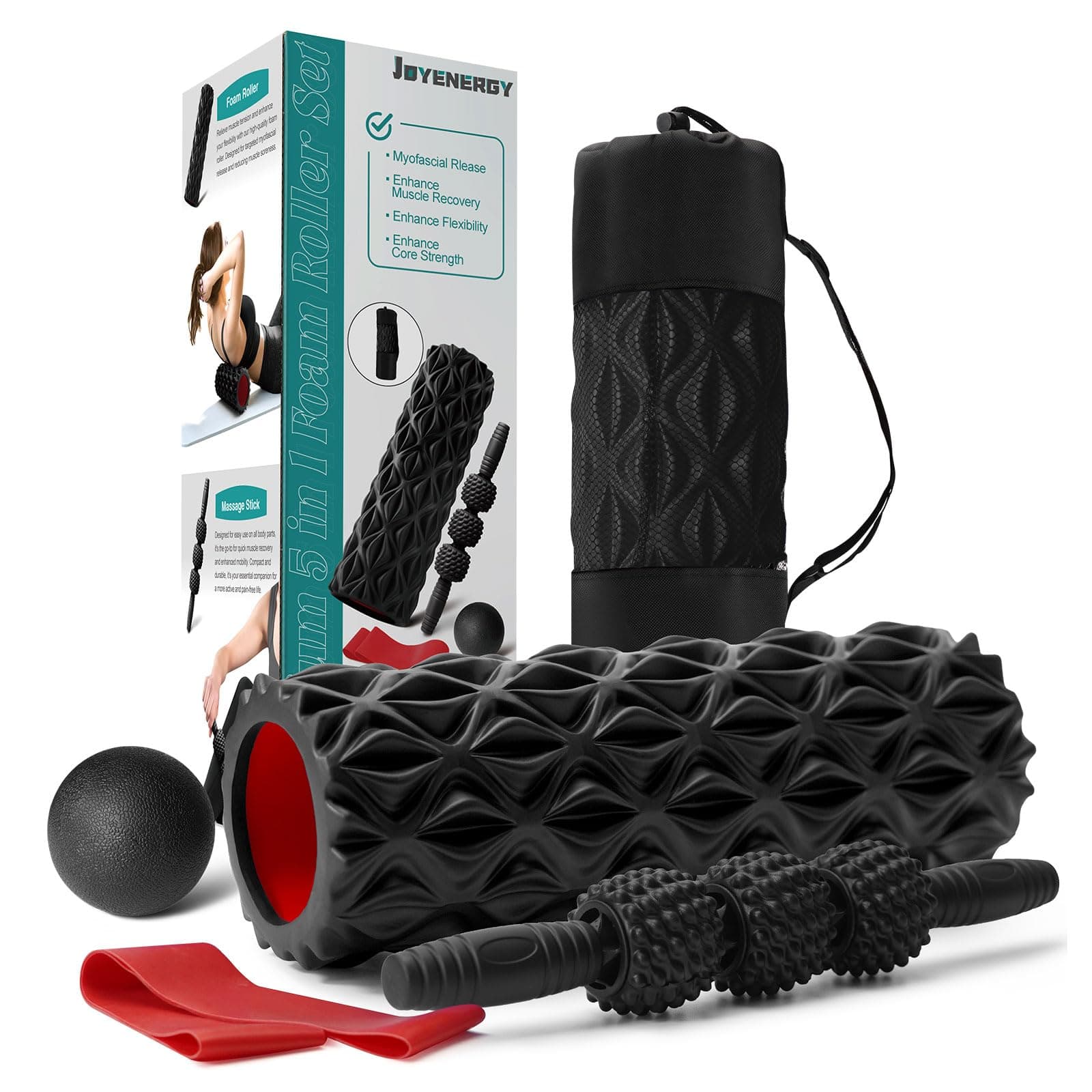 5 in 1 Foam Roller Set Trigger Point Foam Roller, Massage Roller Stick, Massage Ball, Stretching Strap for Deep Muscle Massage Pilates Yoga, Fitness Exercise for Whole Body (Black Diamond)