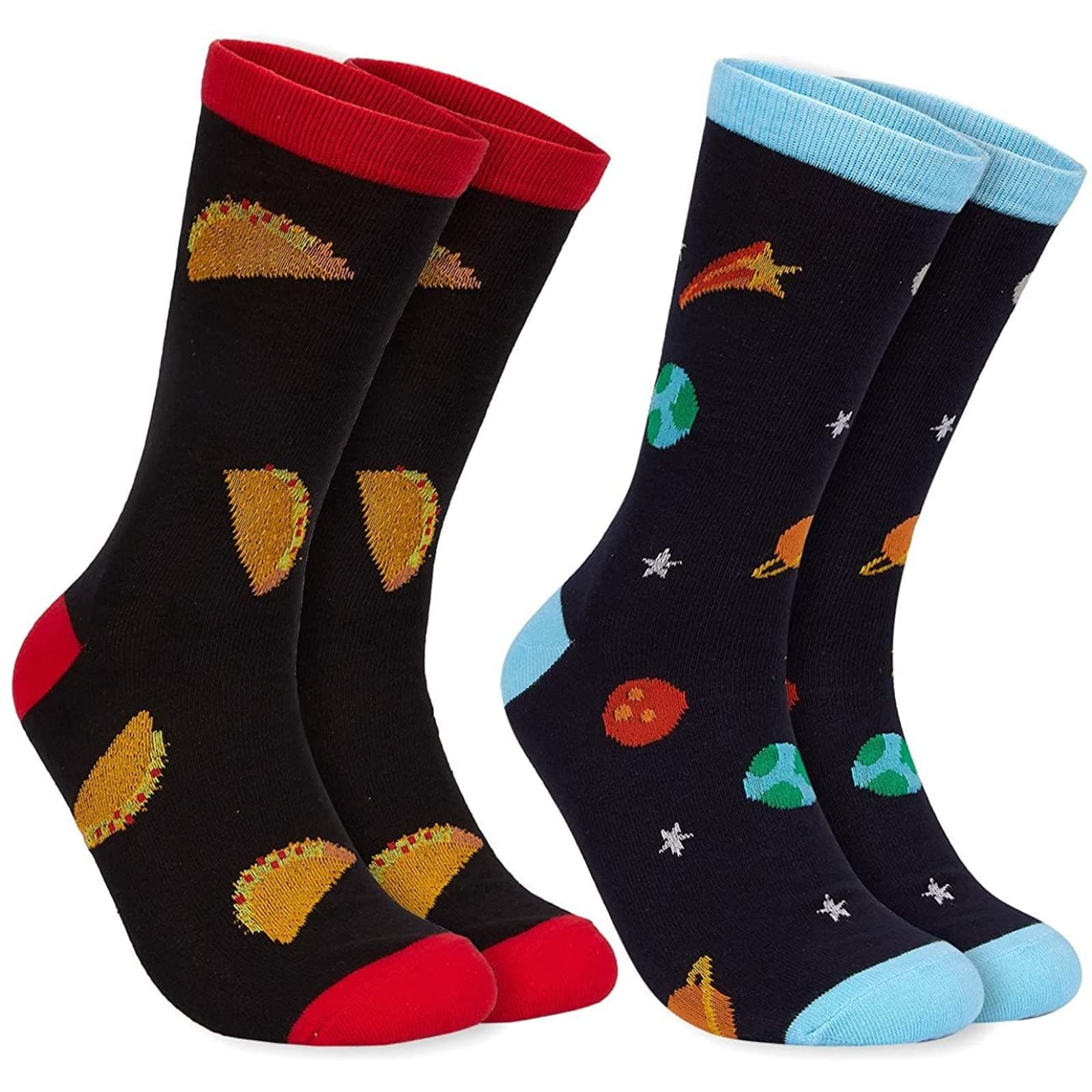 2-Pair Mens Novelty Socks - Funny Socks with Printed Tacos, and Outer Space Graphics, Fits Shoe Size US 7-11
