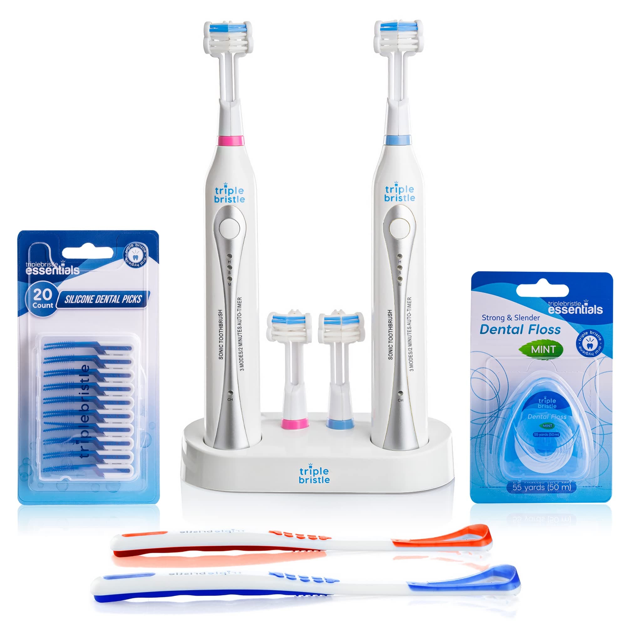 Triple BristleDuo | 2 Sonic Toothbrushes with Dual Charging Station | Patented 3 Head Design | 31,000 VPM Electric Toothbrush Set | for Adults, Families & Couples | Triple Bristle Duo + Oral Kit