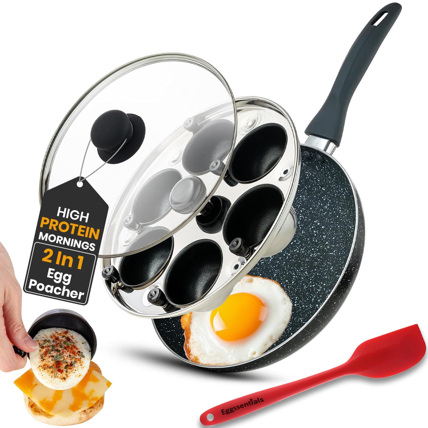 Eggssentials 2 IN 1 Poached Egg Maker & Egg Pan, Granite Egg Poacher with 6 Cups - Skillet - 10 Inch Frying Pan Nonstick - Omelette Pan - Pizza Pan