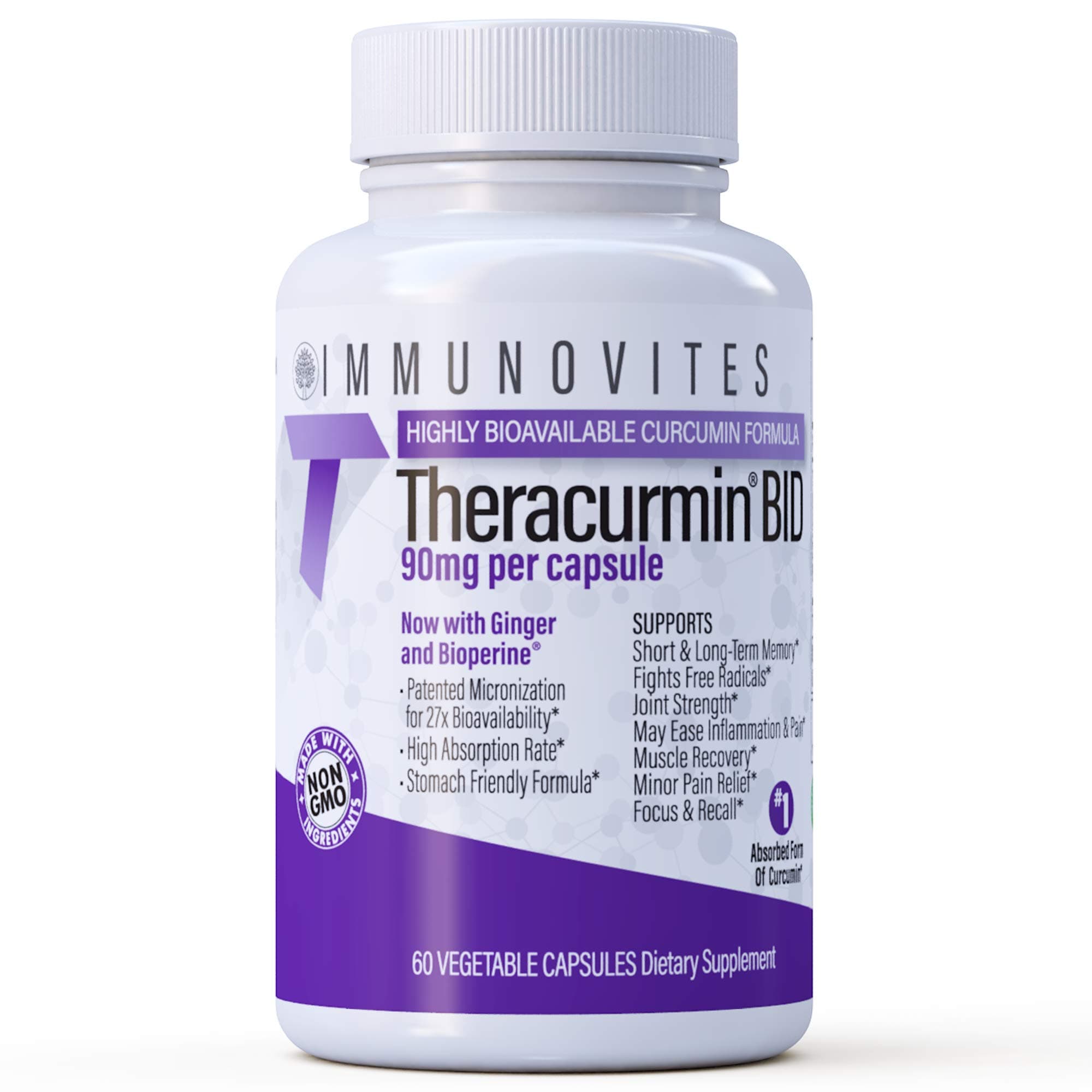 IMMUNOVITES Theracurmin BID 300mg (Nano Curcumin 90mg per Cap.) [[600mg per Serving]] - Now w/Ginger & Bioperine (60ct Bottle)