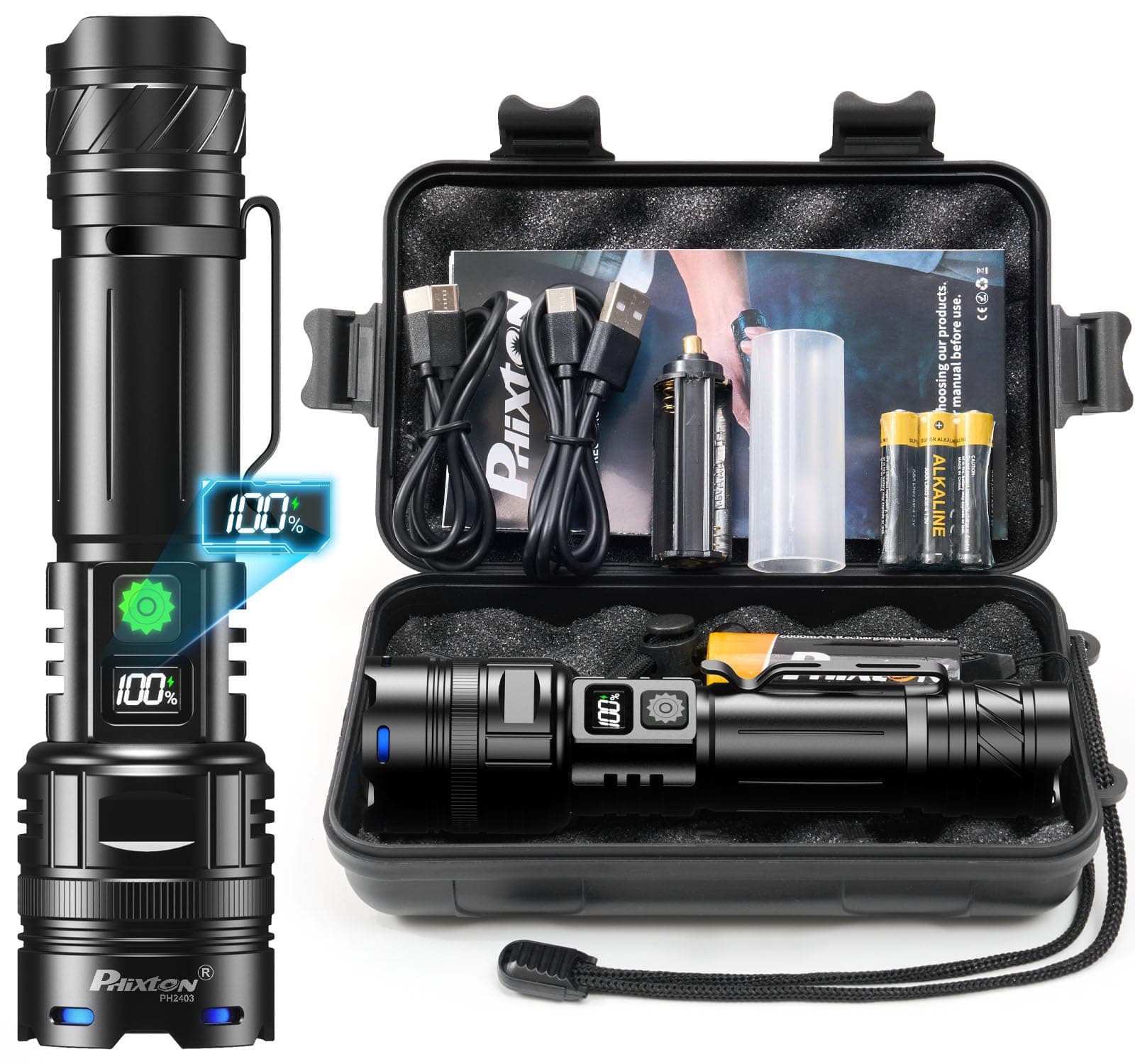 PHIXTON Rechargeable Flashlights 1000000 Lumens, High Powered LED, Single Mode, USB C, Long Lasting, Waterproof, Adjustable Focus, 3280 ft Range, Modern Black, FLASHLIGHT