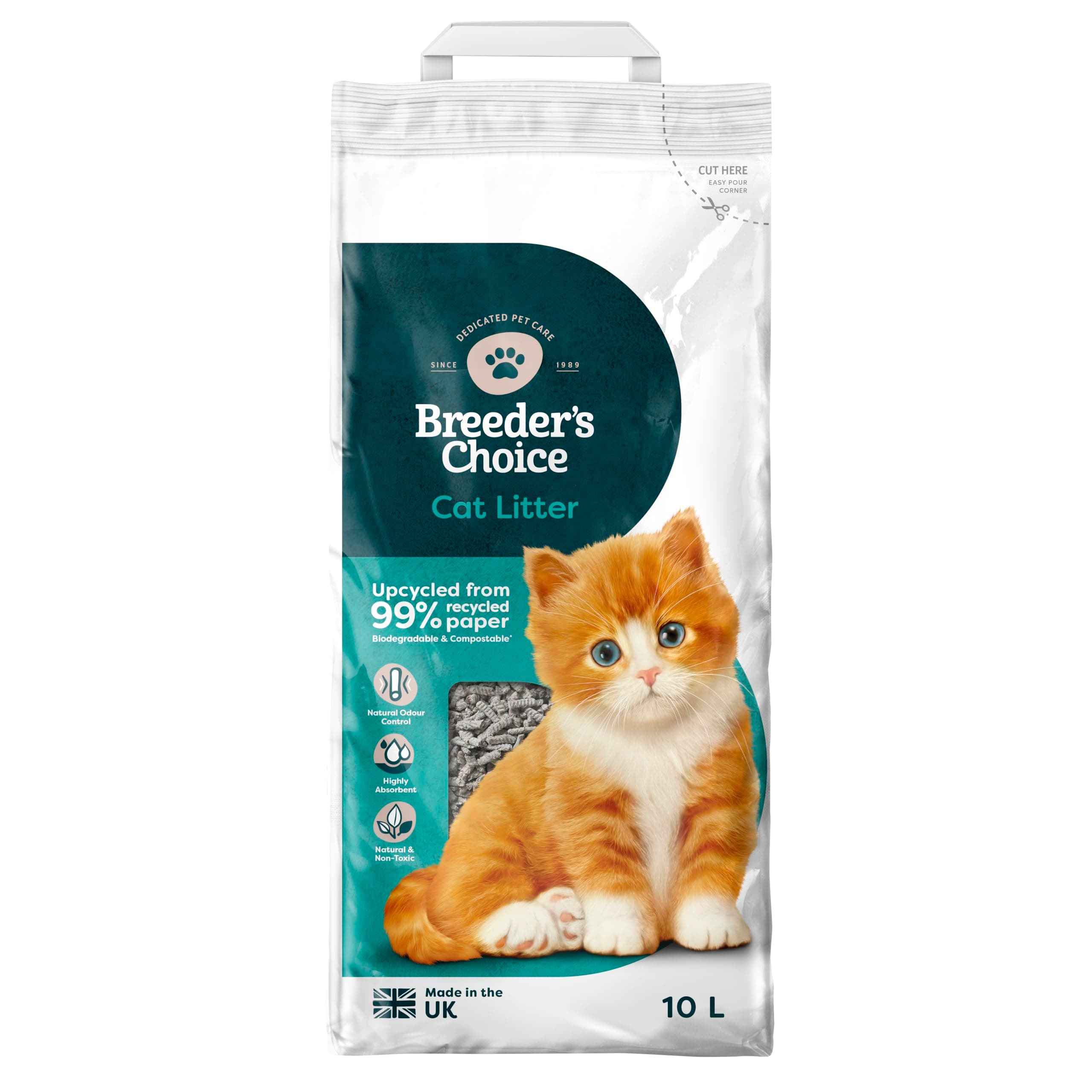 Breeder's Choice (Breeder Celect) All-Natural Cat Litter (10L) – 99% Recycled Paper, Highly Absorbent Kitten Cat Litter/Bedding, Excellent Odour Control, Non-Clumping, Biodegradable & Compostable