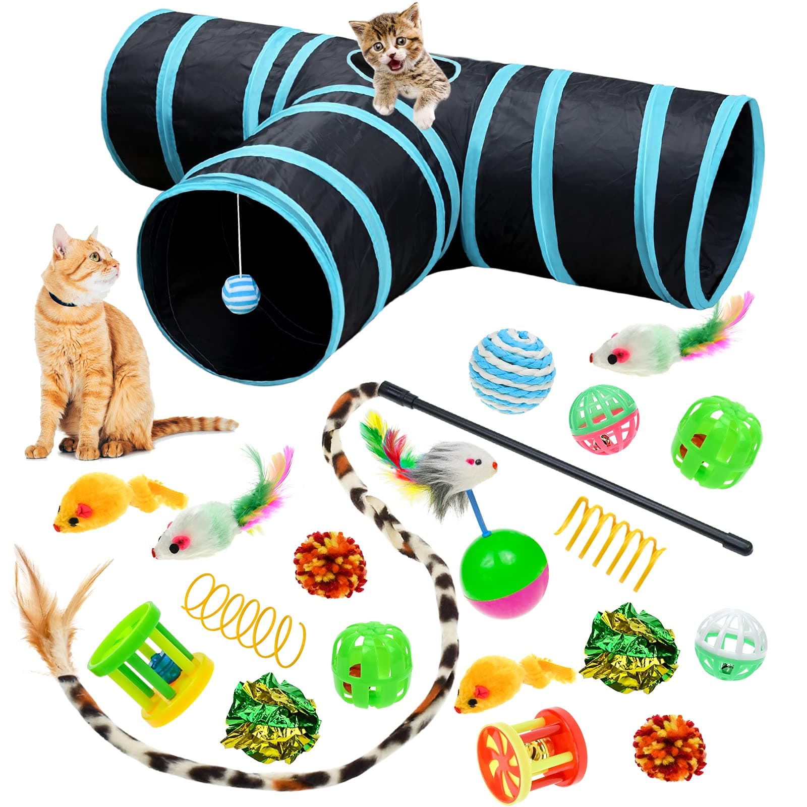 MalierCat Toys Kitten Toys Set, Collapsible Cat Tunnels for Indoor Cats, Interactive Kitty Toys Cat Feather Toy Fluffy Mouse Crinkle Balls Cat 3 Way Tube Tunnel Toys for Cat Puppy Kitty Kitten