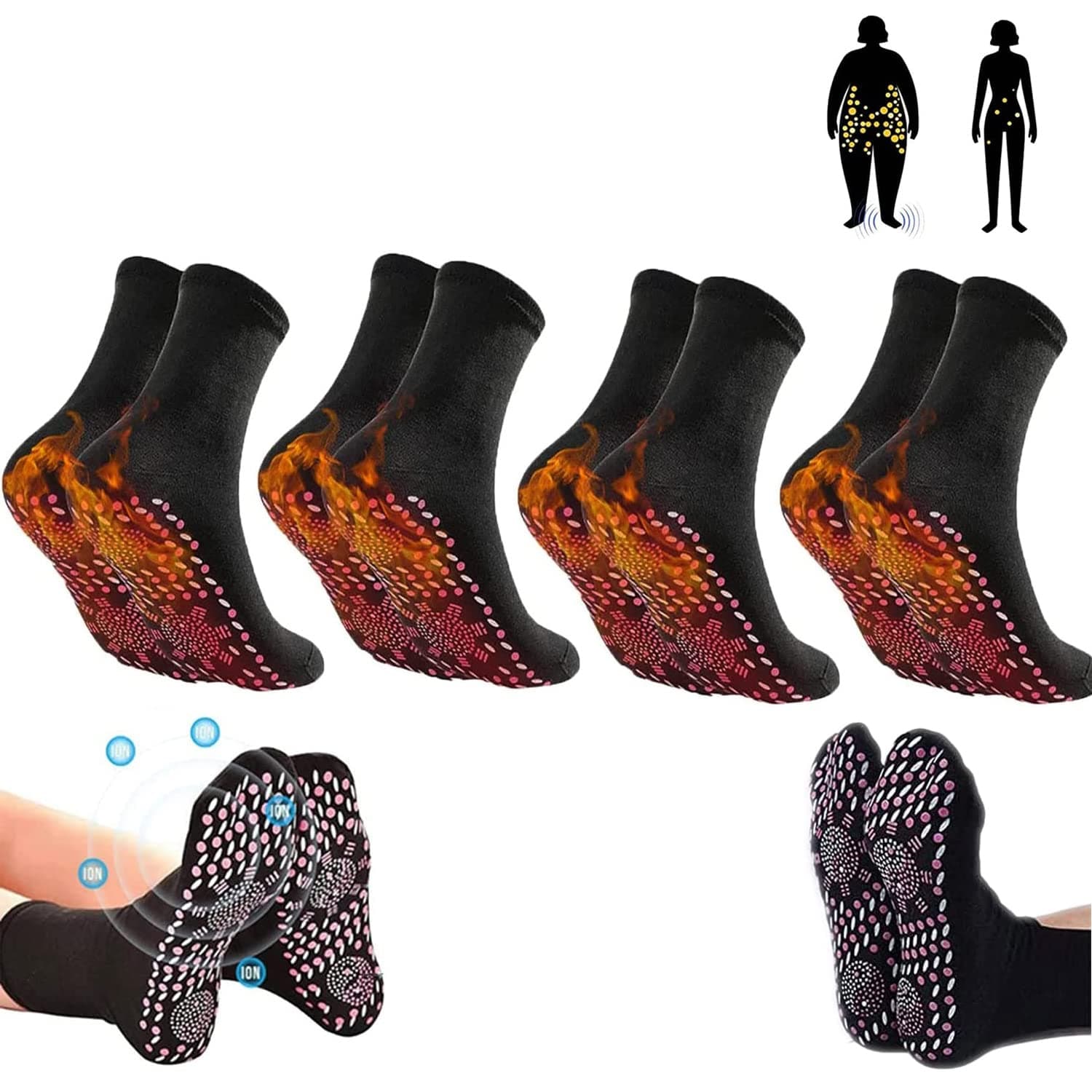Baicai 4 Pair AFIZ Tourmaline Slimming Health Socks, Unisex Adults, One Size, Black, Heated Socks