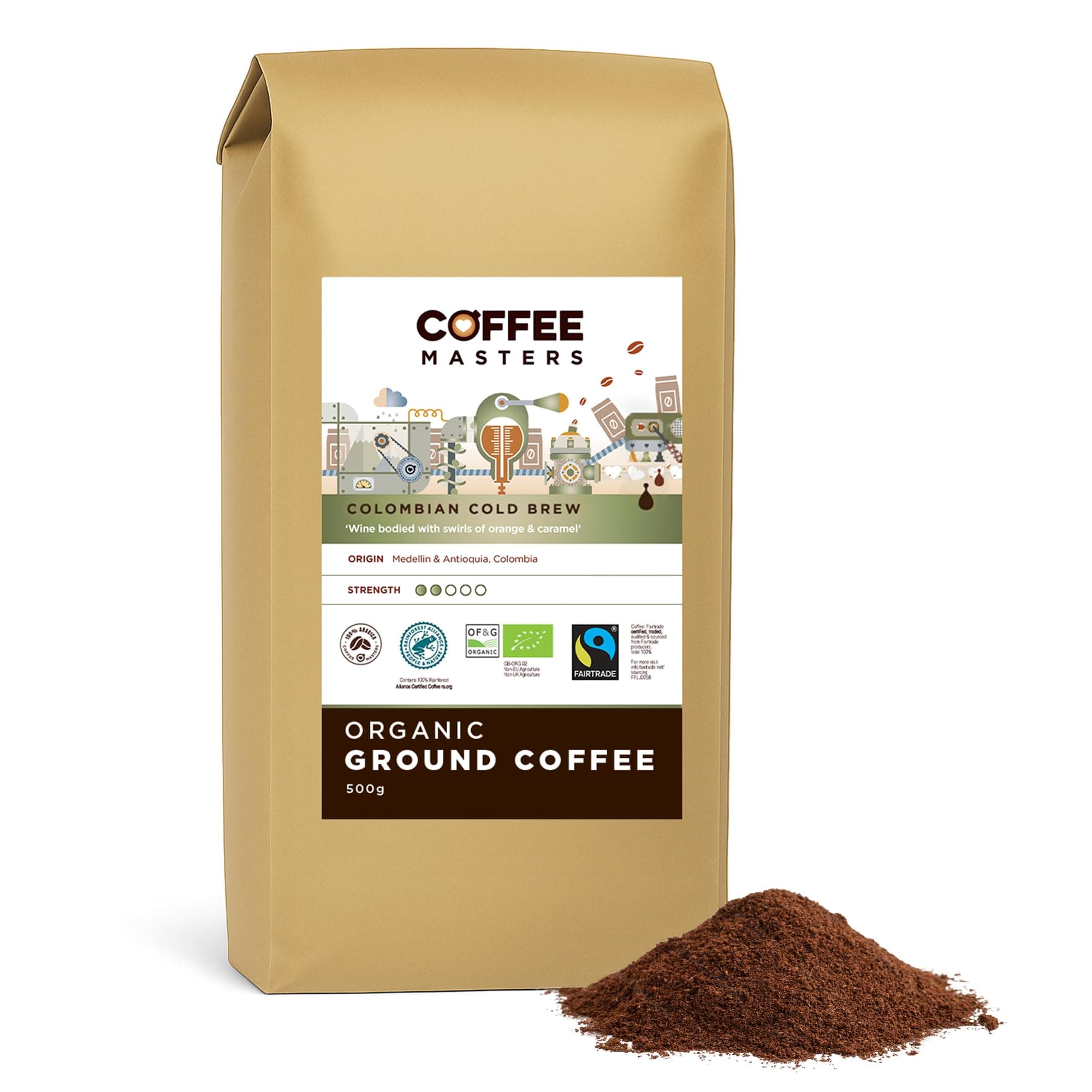 Coffee Masters Colombian Cold Brew Ground Coffee - 500g Light Roasted Espresso Bean - Organic, Single Origin, Fair Trade, 100% Arabica Coffee Beans