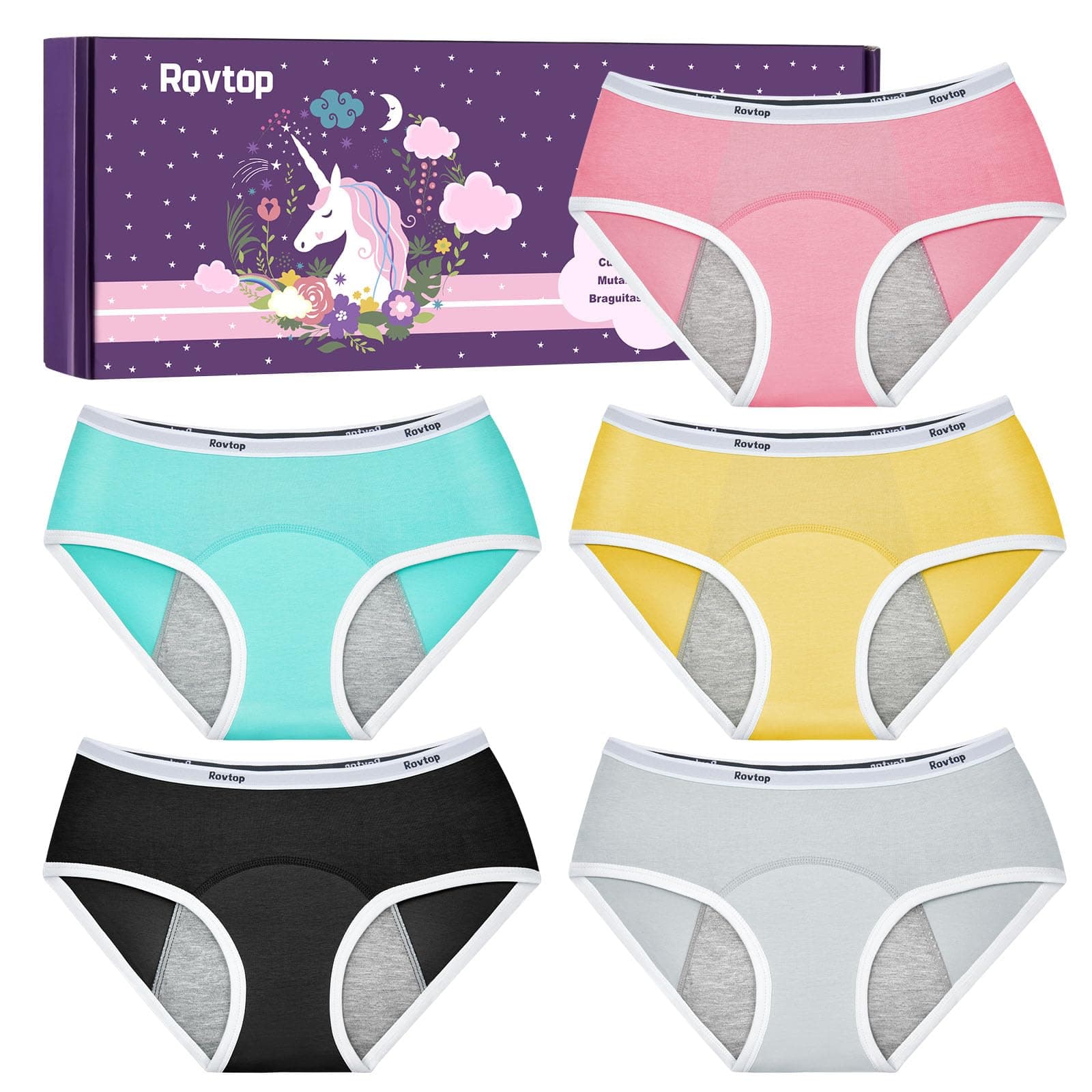 RovtopGirls Menstrual Period Pants Teenager, Kids 5Pcs Soft Cotton Menstrual Briefs