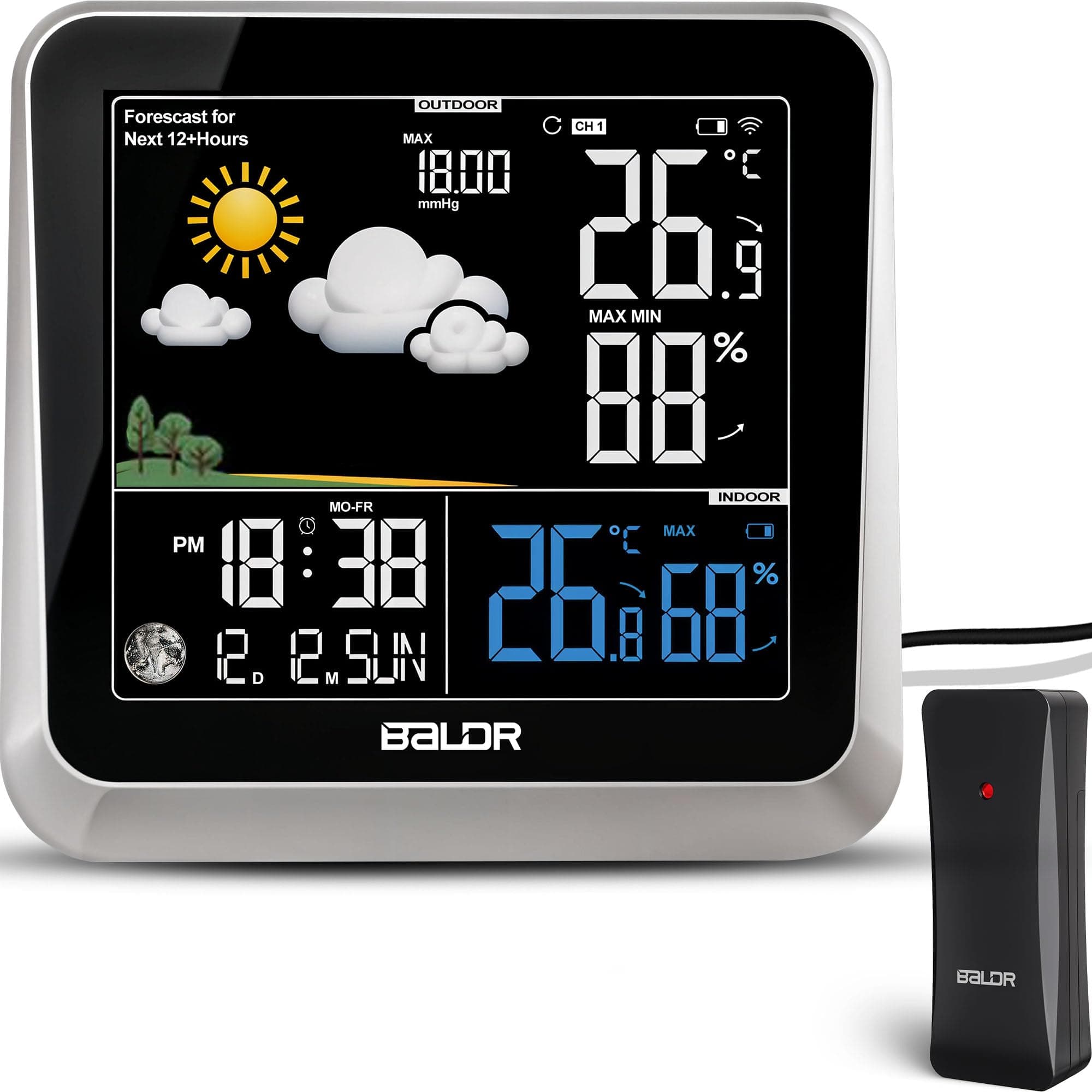 Baldr Weather Station with Thermometer and Hygrometer, Temperature Humidity and Barometer Display Constant Backlight with Dimmer, Power Adapter Included