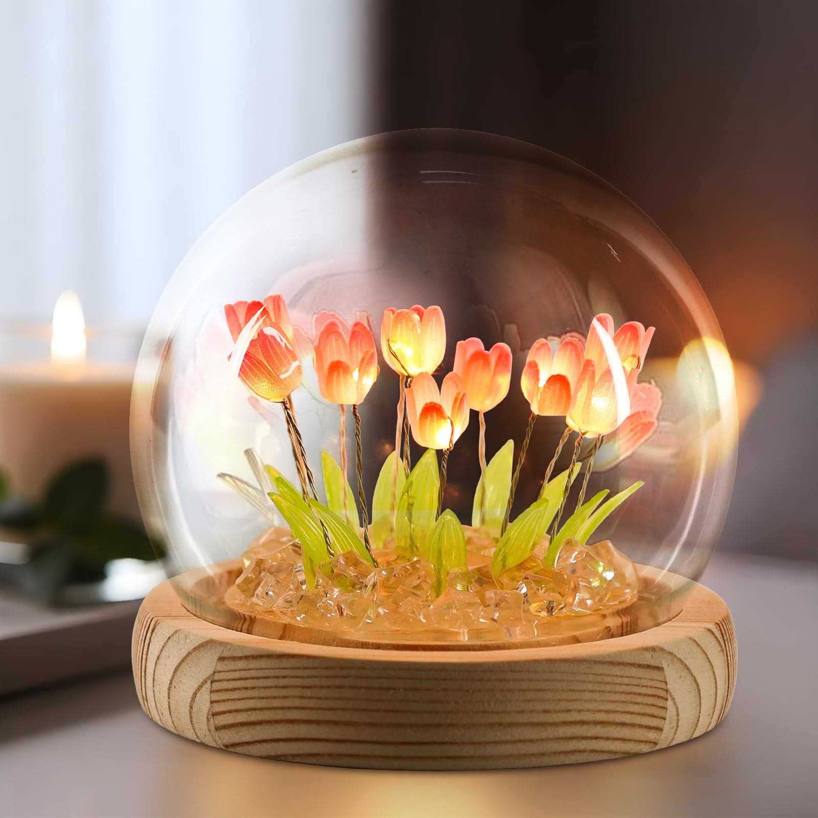 ONXE Tulips Night Light Cute Flower Lamp in A Glass Dome,Romantic Home Room Decor, Anniversary Birthday Gift for Women Girlfriend Mom Sister Grandma Wife