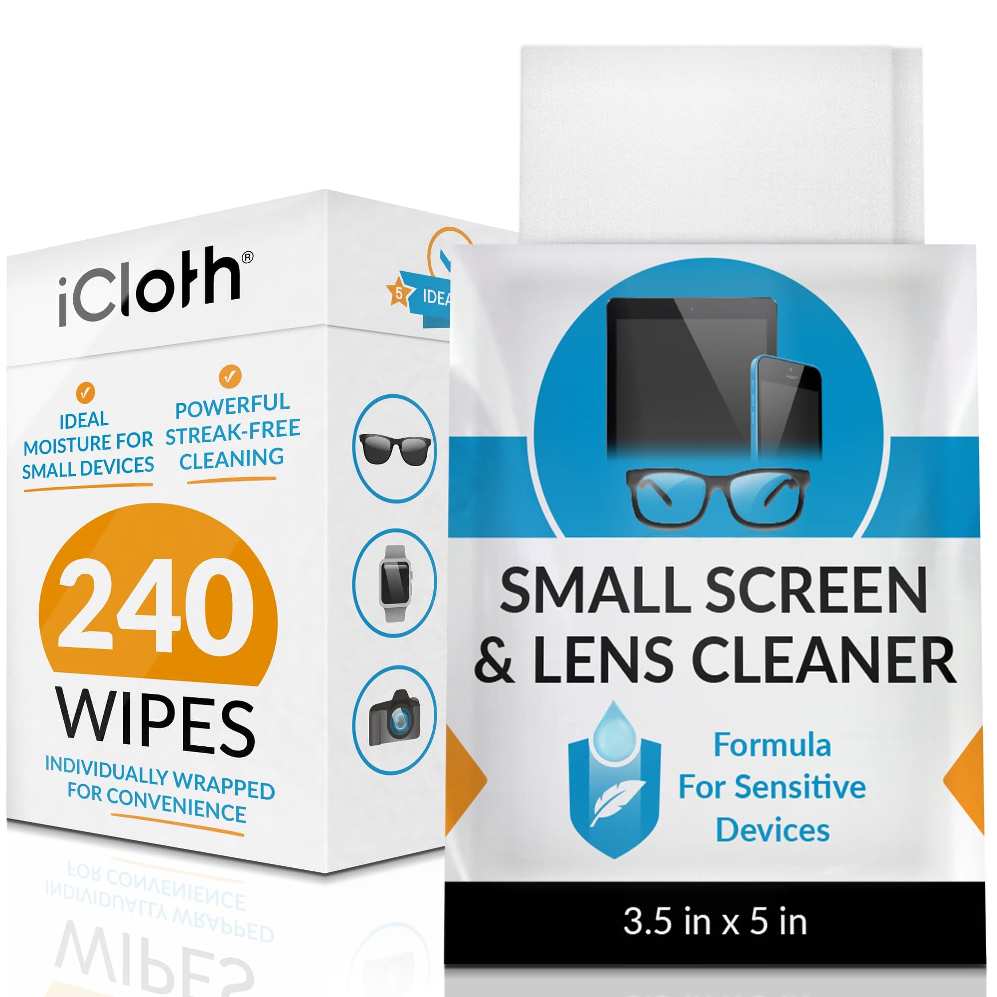 iCloth Lens Cleaning Wipes [5 x 3.5 Inches] Safe for All Screens, Electronics & Glasses. Streak & Lint Free, Individually Wrapped - 240 Wipes