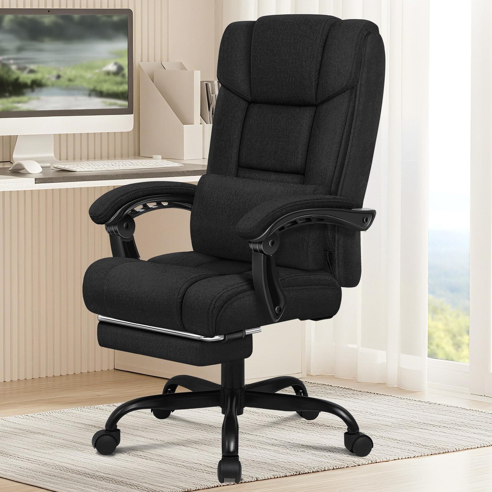 Executive Office Chair for Home Office, Ergonomic PC Gaming Chair with Footrest Lumbar Support Armrests, Comfy High Back 150° Reclining Computer Chairs, 180KG Loads, Fabric Linen, Grey