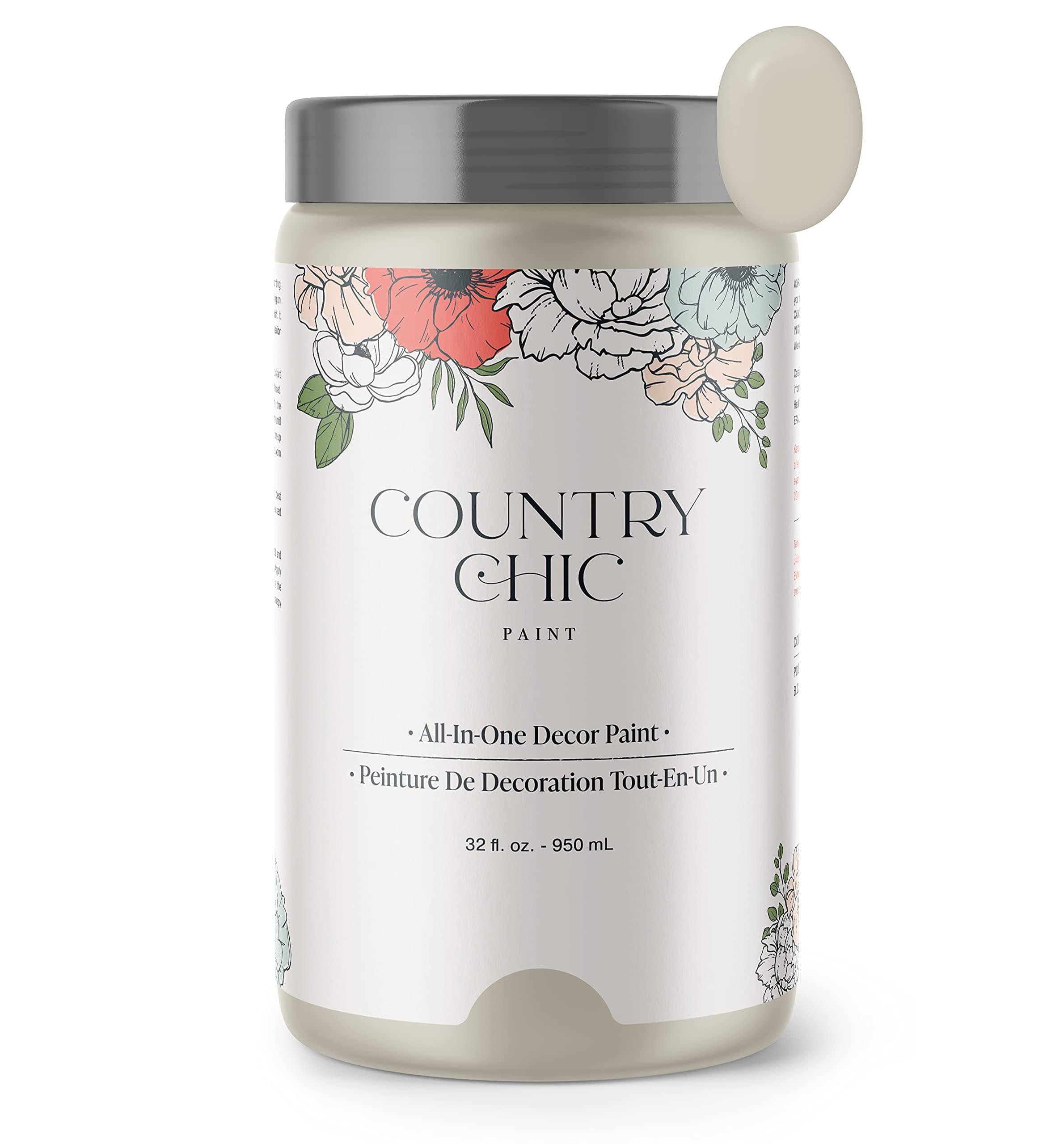 Country Chic All-in-One Chalk Paint for Furniture, Cabinets, Home Decor, Eco-Friendly, Matte Finish, Built-In Primer & Top Coat for Wood, Metal - Sunday Tea (Warm Grey) - Quart 32 oz (950 ml)