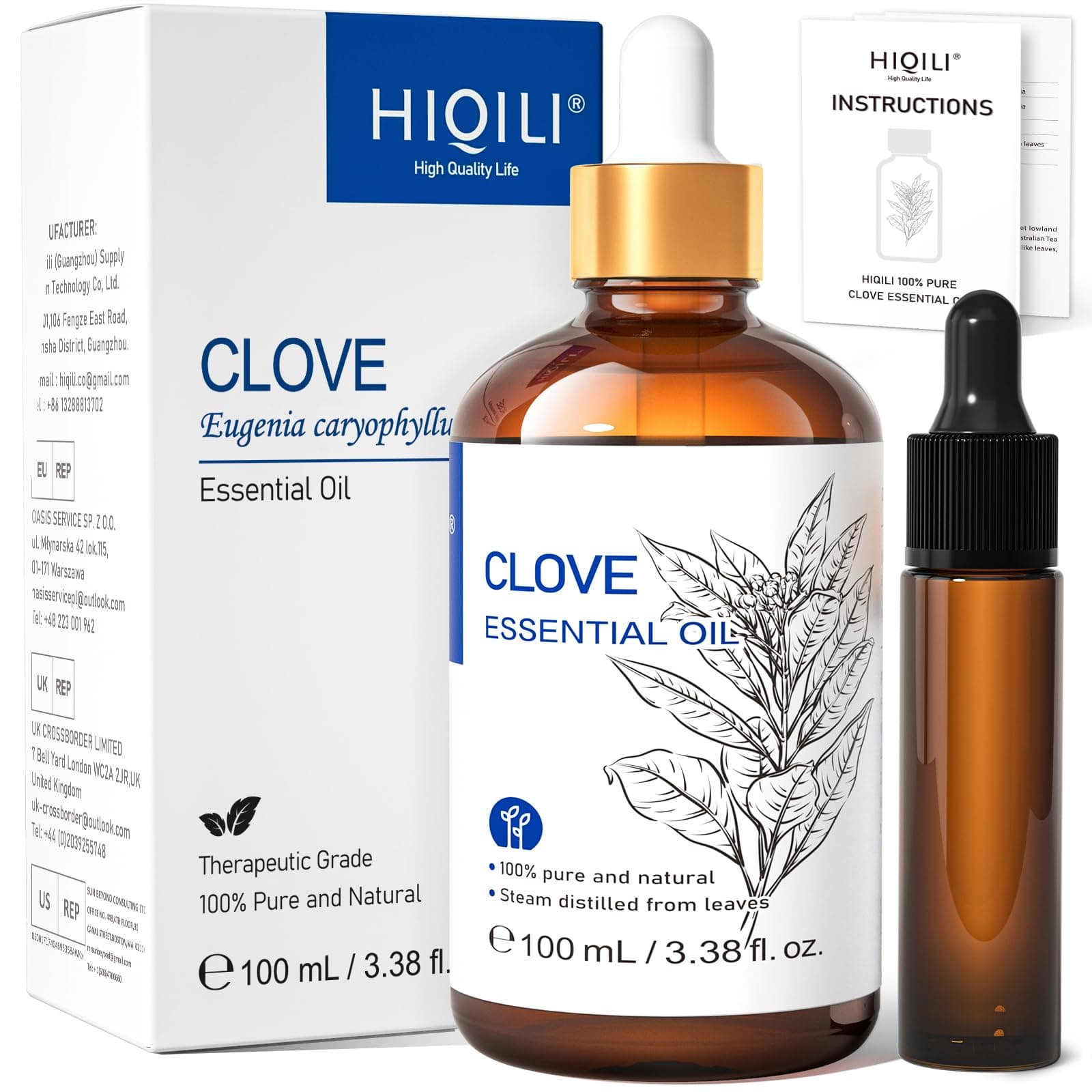 – HIQILI Clove Oil for Toothache Pain Relief, Pure & Natural Essential Oils for Teeth and Gums, Aromatherapy, Diffuser, Hair & Skin, DIY Spray - 100ML