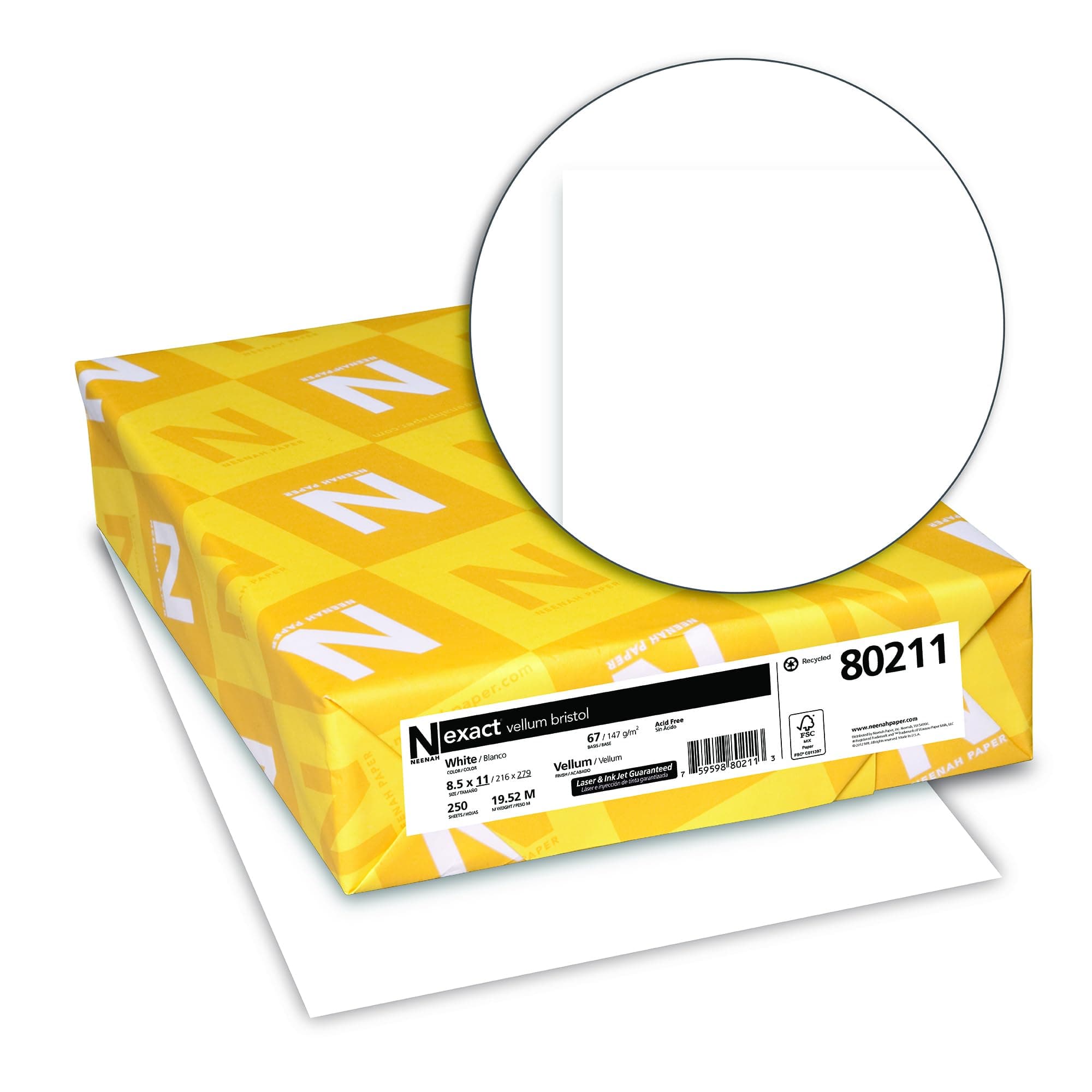 Neenah Exact Vellum Bristol, 8.5" x 11", 67 lb/147 GSM, White, 94 Brightness, 250 Sheets (80211)