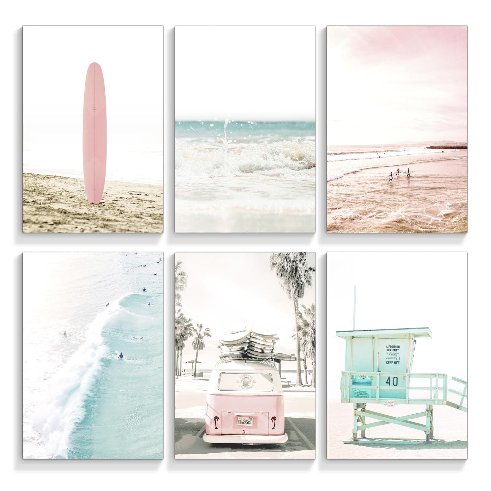 Anslipswar Set of 6 Beach Canvas Wall Art, 8x10in Tropical Summer Ocean Coastal Posters, Preppy Gallery Beach Prints, Girly Nautical Surfboard Bus Room Decor, California Beachy Pictures Unframed