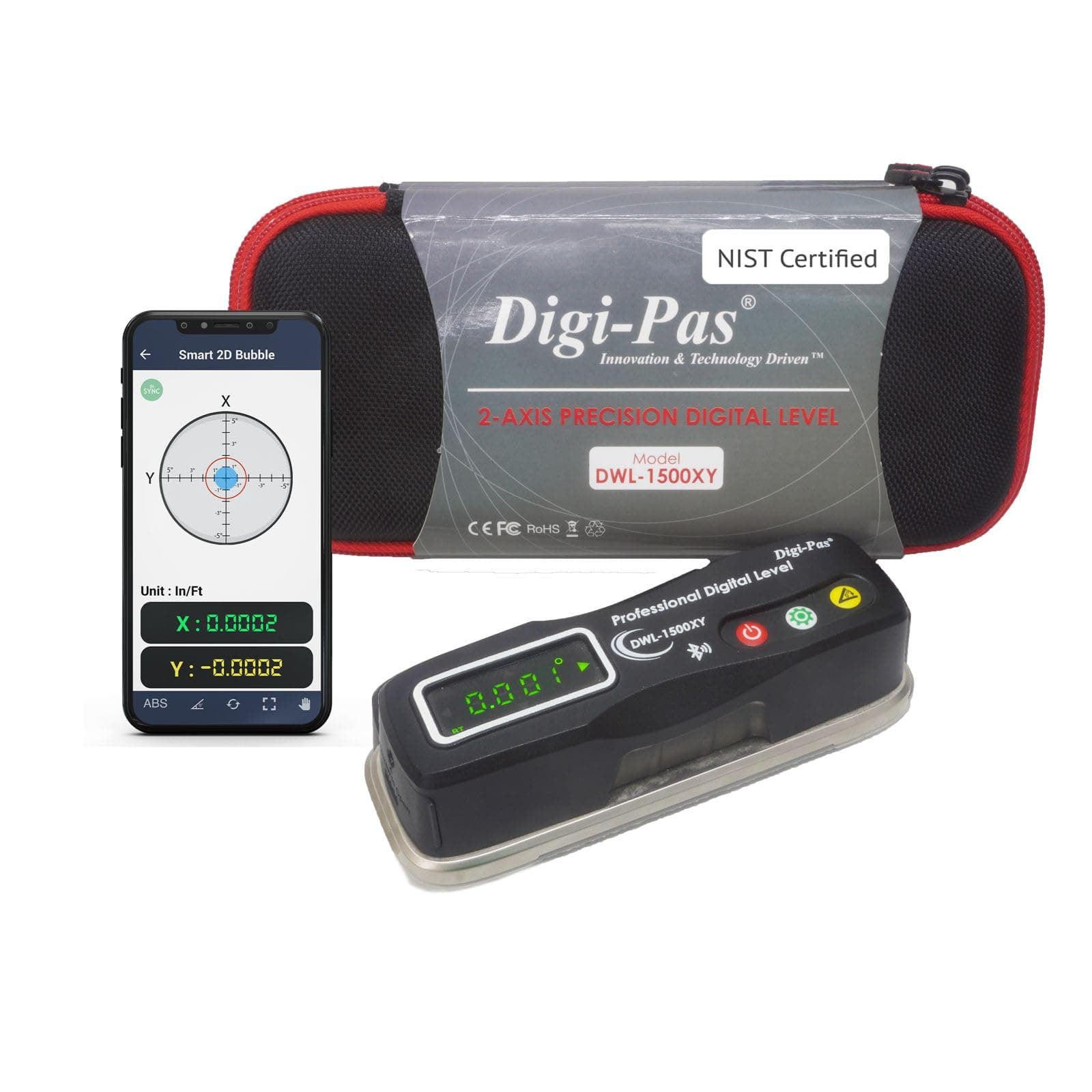 Digi-Pas 2-Axis Smart Master Precision Level DWL1500XY Bluetooth, 0.0002"/ft (0.02 mm/M) (With NIST Certificate)