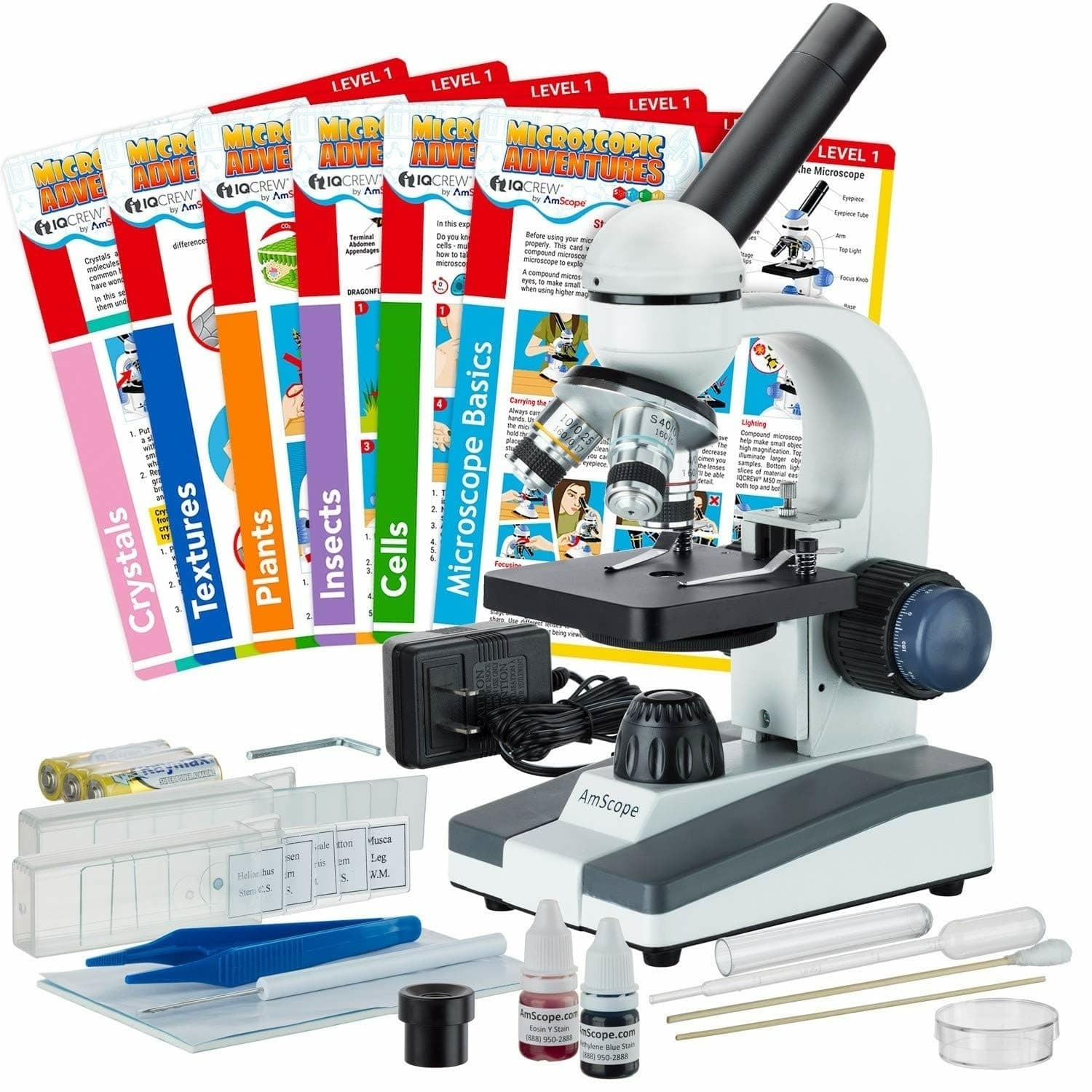 AmScope - 40X-1000X Compound Monocular Student Microscope Set + Slide Preparation Kit + Science Experiment Cards - M150C-SP14-EXCL1