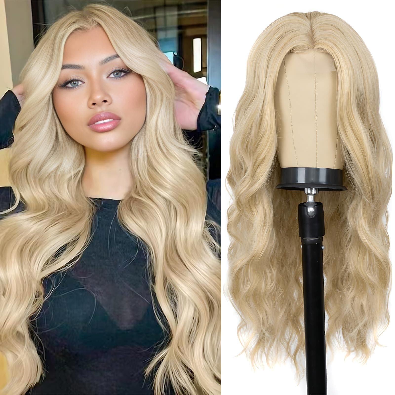 Long Blonde Wig for Women 26 Inch Middle Part Wavy Women Charming Wigs Realistic Natural Looking Synthetic Heat Resistant Fiber Hair for Daily Party Use