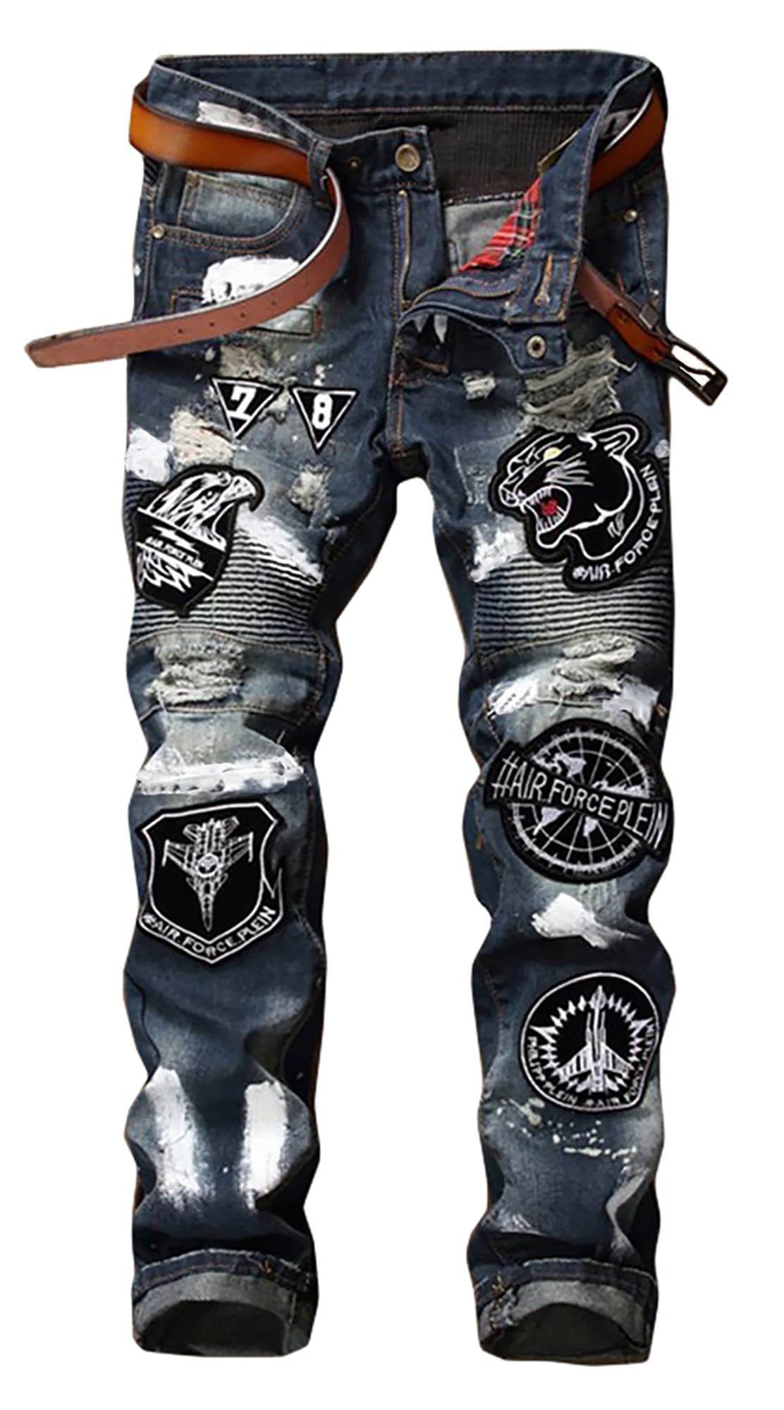 Men's Ripped Straight Slim Moto Biker Jeans