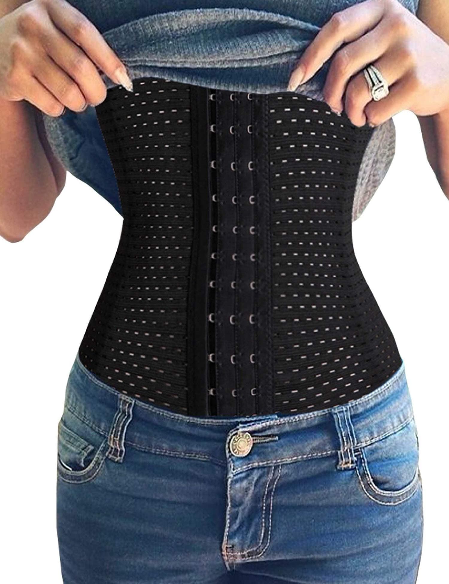 Youloveit Women's Waist Trainer Corset for Weight Loss Steel Boned Tummy Control Body Shaper with Adjustable Hooks(Black,XL)