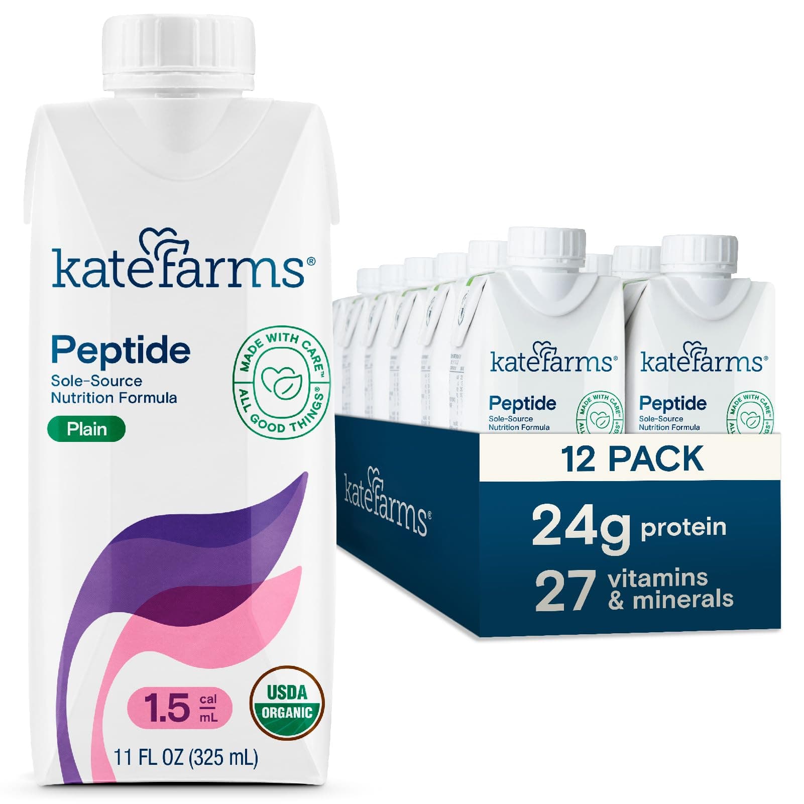 KATE FARMS Organic Adult Peptide 1.5 Formula, Plain, Sole-Source, Hydrolyzed Plant-Based Nutrition for Oral or Tube Feeding, 11 Fl oz (12 Pack)