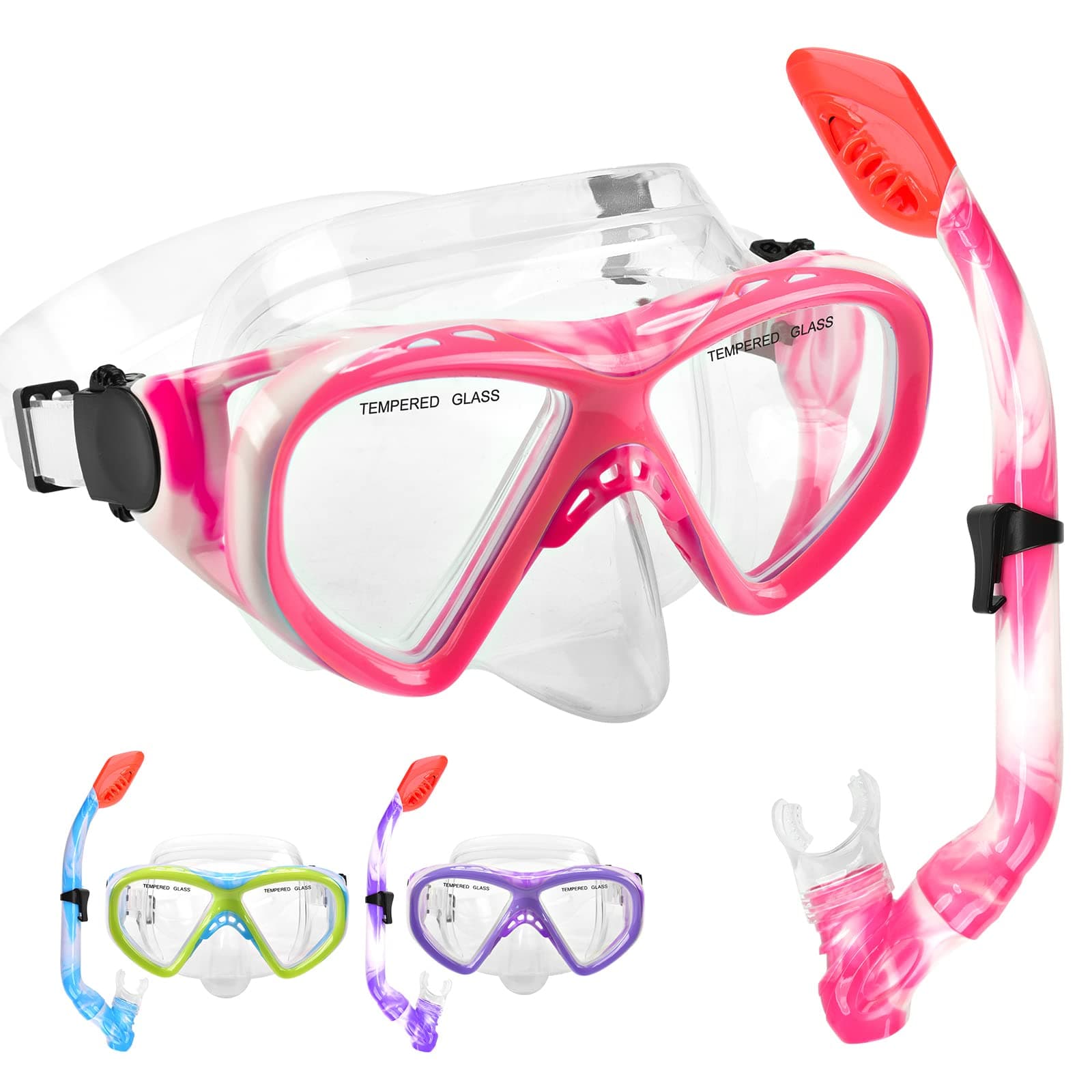 Kids Snorkel Set Dry Top Snorkeling Gear for Kids Youth Boys Girls Junior Age 5-15,Tempered Glass Swimming Diving Mask and Snorkel Set 180 Degree Panoramic View