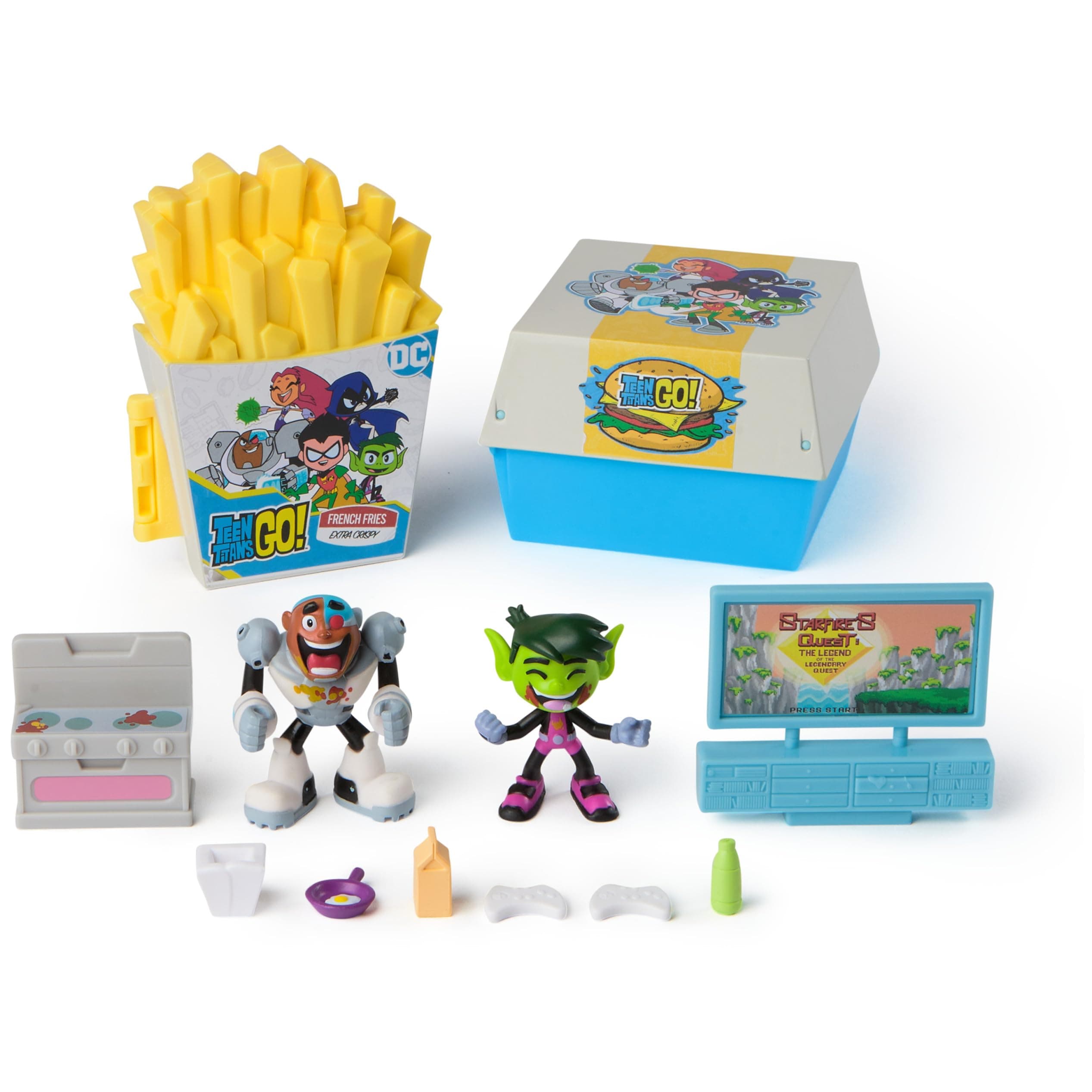DC Comics Teen Titans Go! Kitchen Chaos Dis-Play Set with Beast Boy and Cyborg Figures and Accessories, Playset Kids’ Toys for Boys and Girls Aged 4 and Up