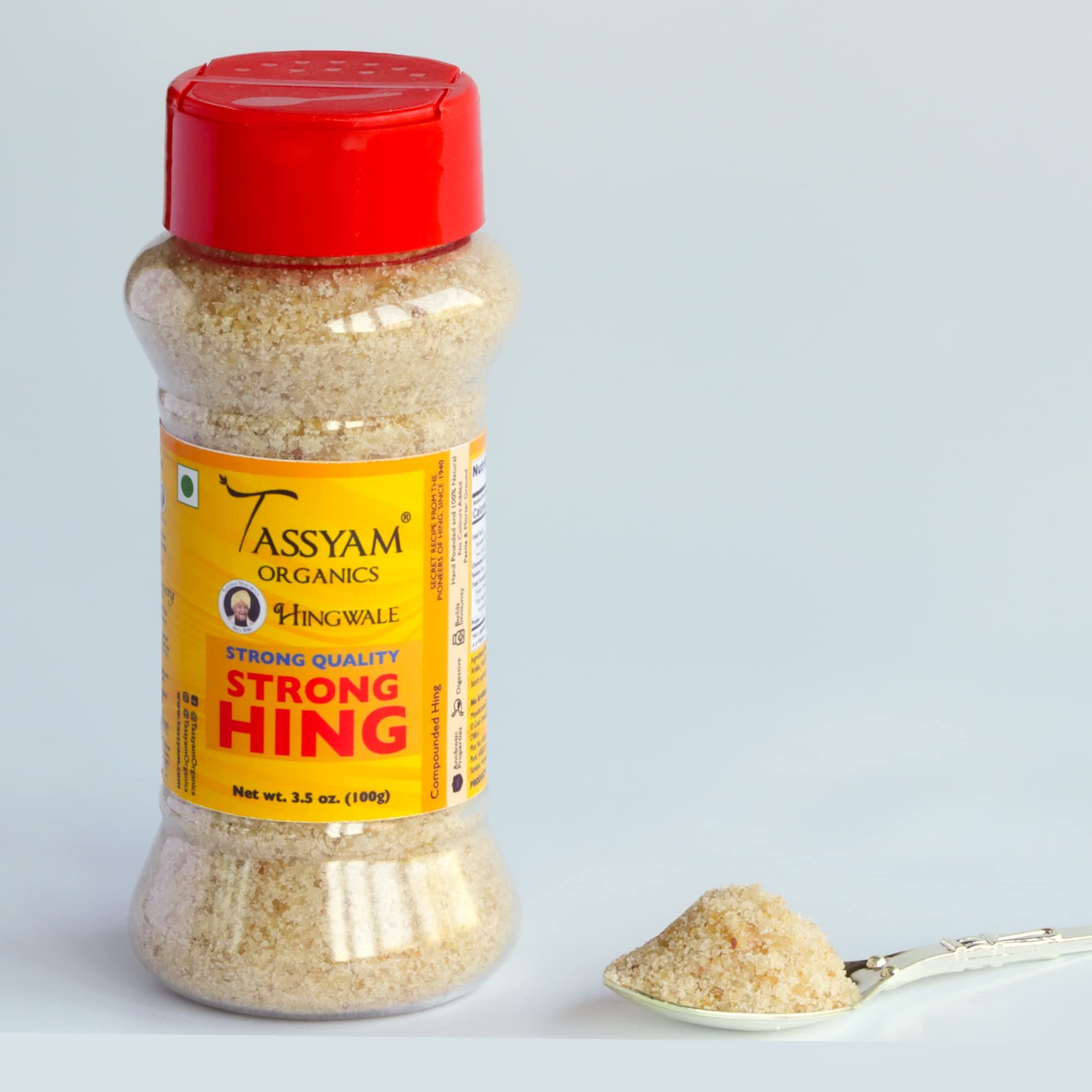 Tassyam Organics Hingwale Strong Hing 100g Dispenser | Incredible Value Hand Pounded & Natural Compounded Asafoetida bandhani Heeng Inguva Perungayam