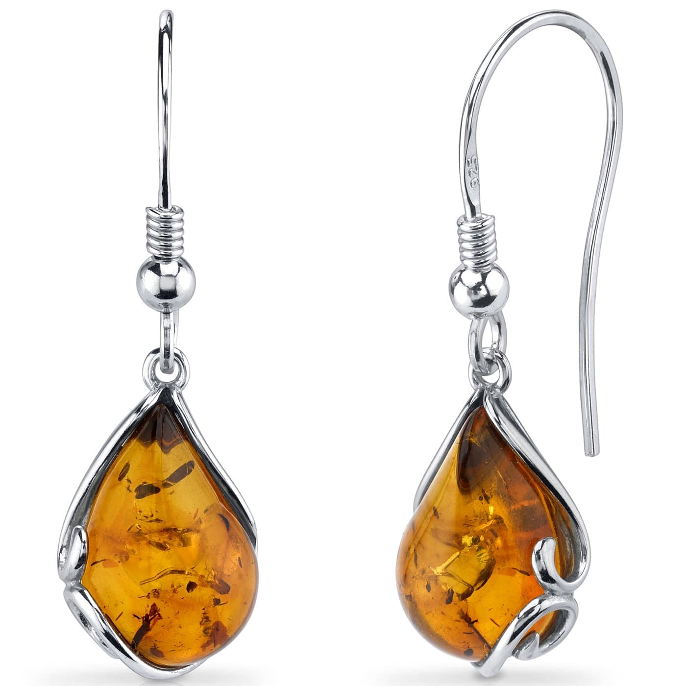 Genuine Baltic Amber Teardrop Earrings for Women 925 Sterling Silver, Rich Cognac Color, Fishhooks, Real Baltic Amber Earrings for Adults, 100% Natural from Baltic Region, w/Jewelry Box