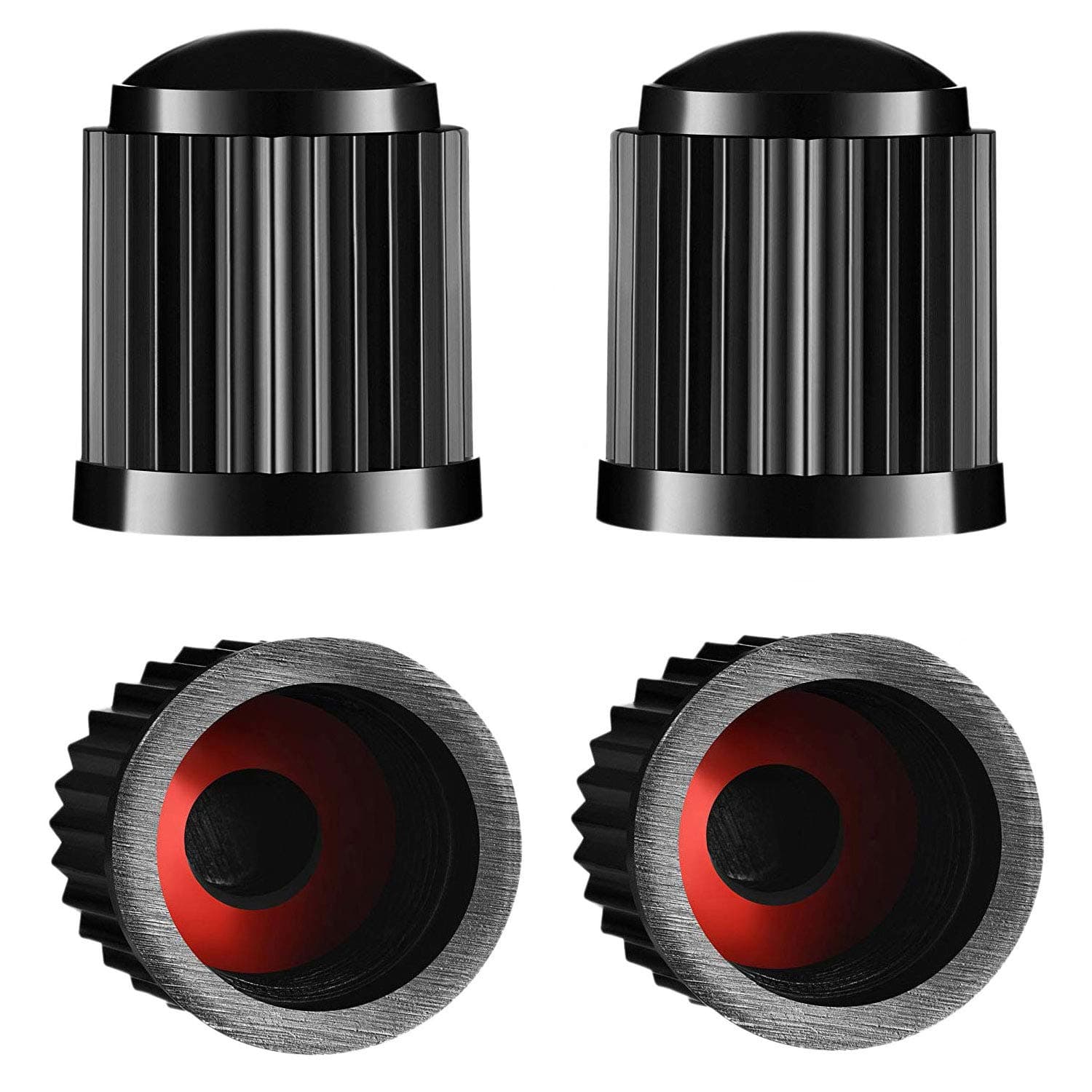 Tyre Valve Caps, Plastic Car Tire Stem Dust Covers with Red Seal Ring for Motorbike, Trucks, Bike, Bicycle, Black 4pack