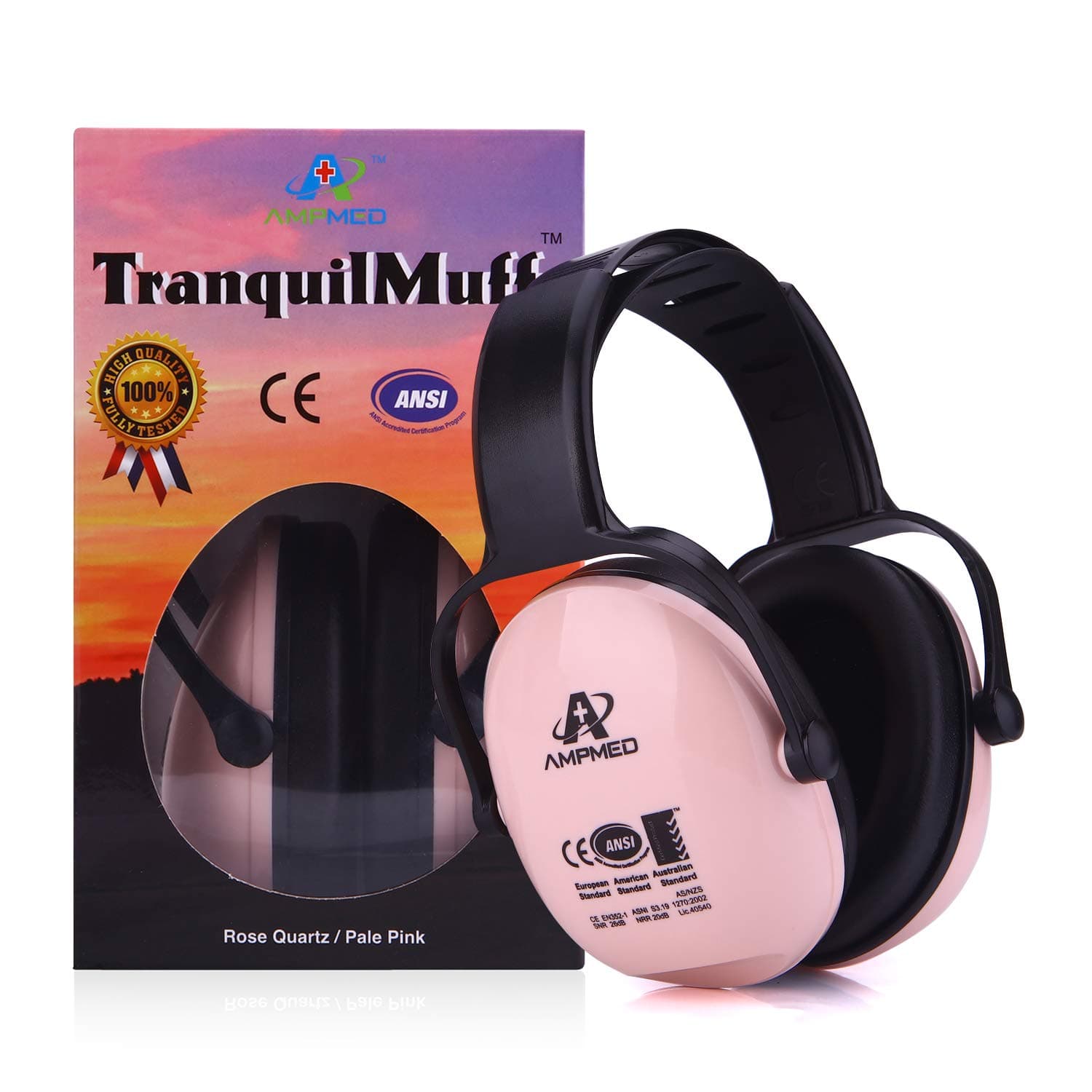 Amplim Hearing Protection Earmuff for Toddlers Kids Teens Adults - American ANSI, European CE, and Australian Standards Certified - Pink