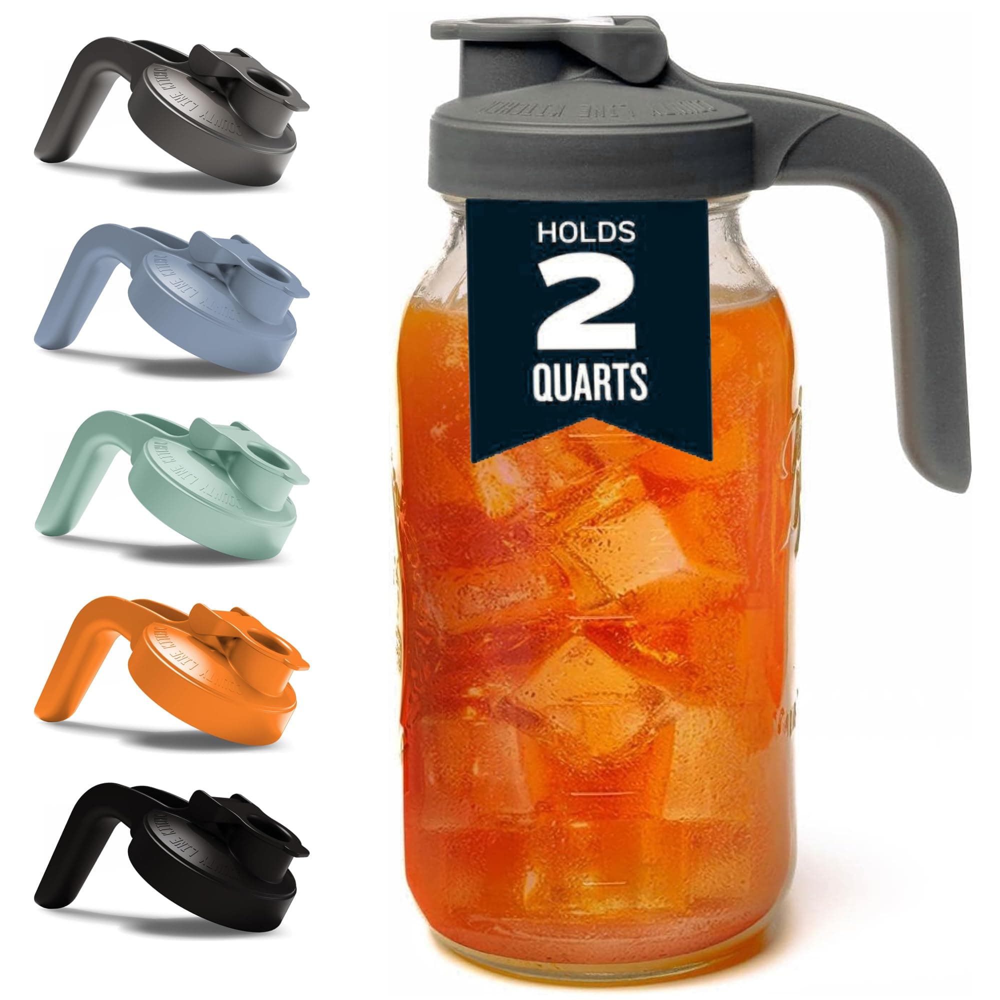 County Line Kitchen Glass Mason Jar Pitcher with Lid - Wide Mouth, 2 Quart (64 oz) - Heavy Duty, Leak Proof - Sun & Iced Tea Pitcher, Cold Brew Coffee, Breast Milk Storage, Water - Gray