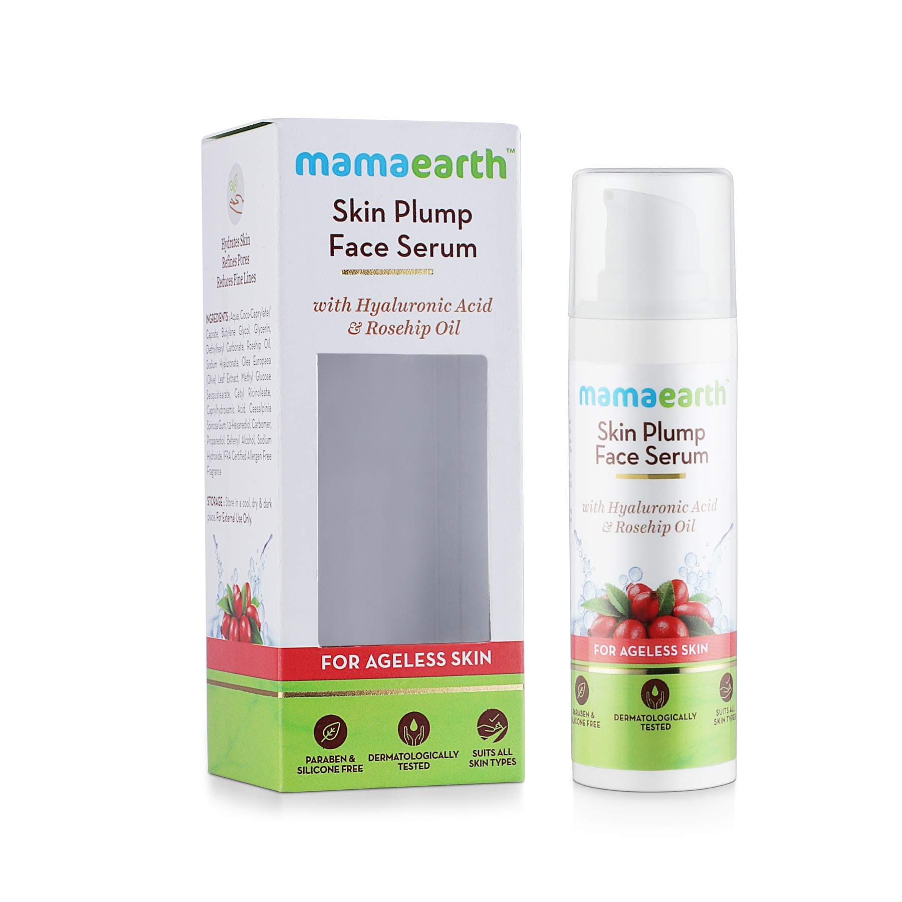 Mamaearth Skin Plump Face Serum Anti Aging Cream For Glowing Skin, With Hyaluronic Acid & Rosehip Oil for Ageless Skin - 30ml