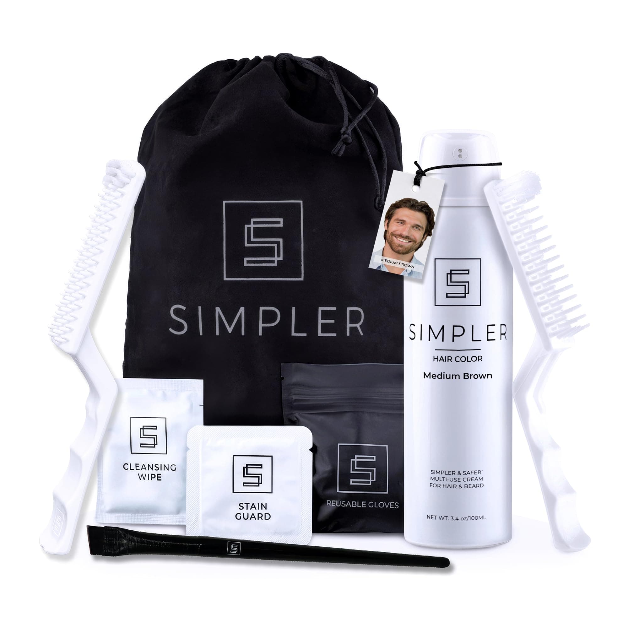Simpler Hair Color Medium Brown Mustache and Beard Upgraded Brush Kit it with 3 Brushes Included for Precision Application - Gentle, Effortless 100% Gray Hair Coverage for Hair and Beard
