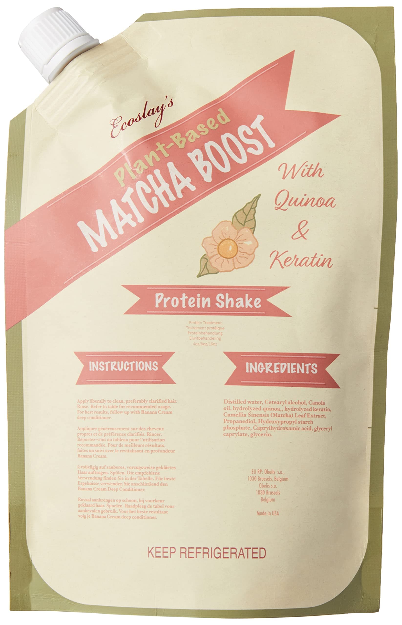 Ecoslay Matcha Boost Protein Shake, Strengthens and Repairs Damaged Hair with Hydrolyzed Quinoa and Vegetable Keratin, 8 oz.