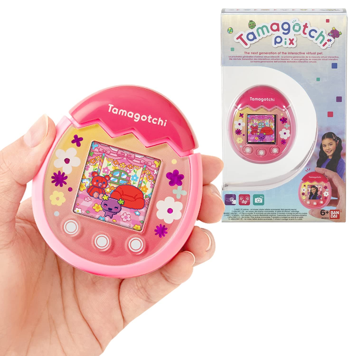 Tamagotchi - Tamagotchi PIX - Floral Rose - Virtual Electronic Animal with Color Display, Touch Buttons for Games and Camera - 42901