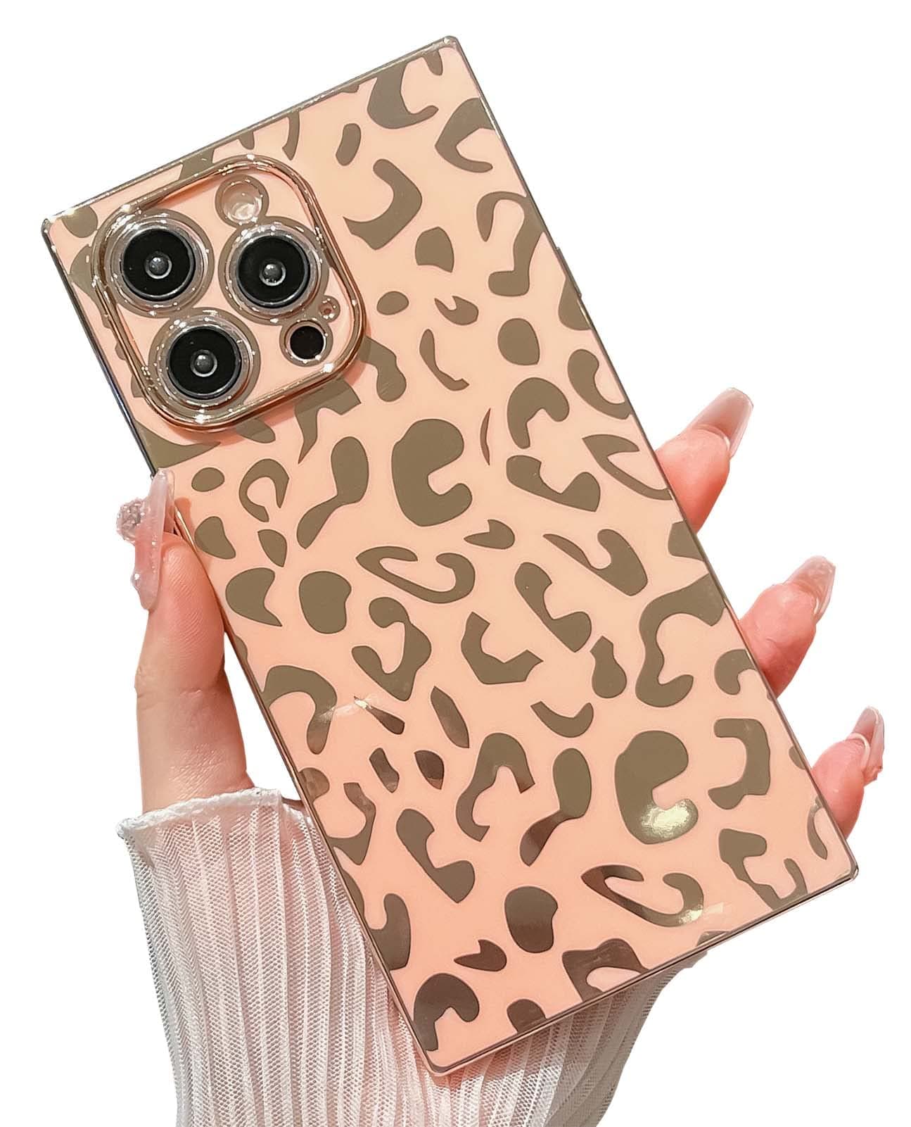 KERZZIL Elegant Compatible with iPhone 14 Pro Max Rectangle Edge Case, Cute Luxury Leopard Pattern Plating Case Camera Protector Soft TPU Shockproof Protective Corner Back Cover(Pink)